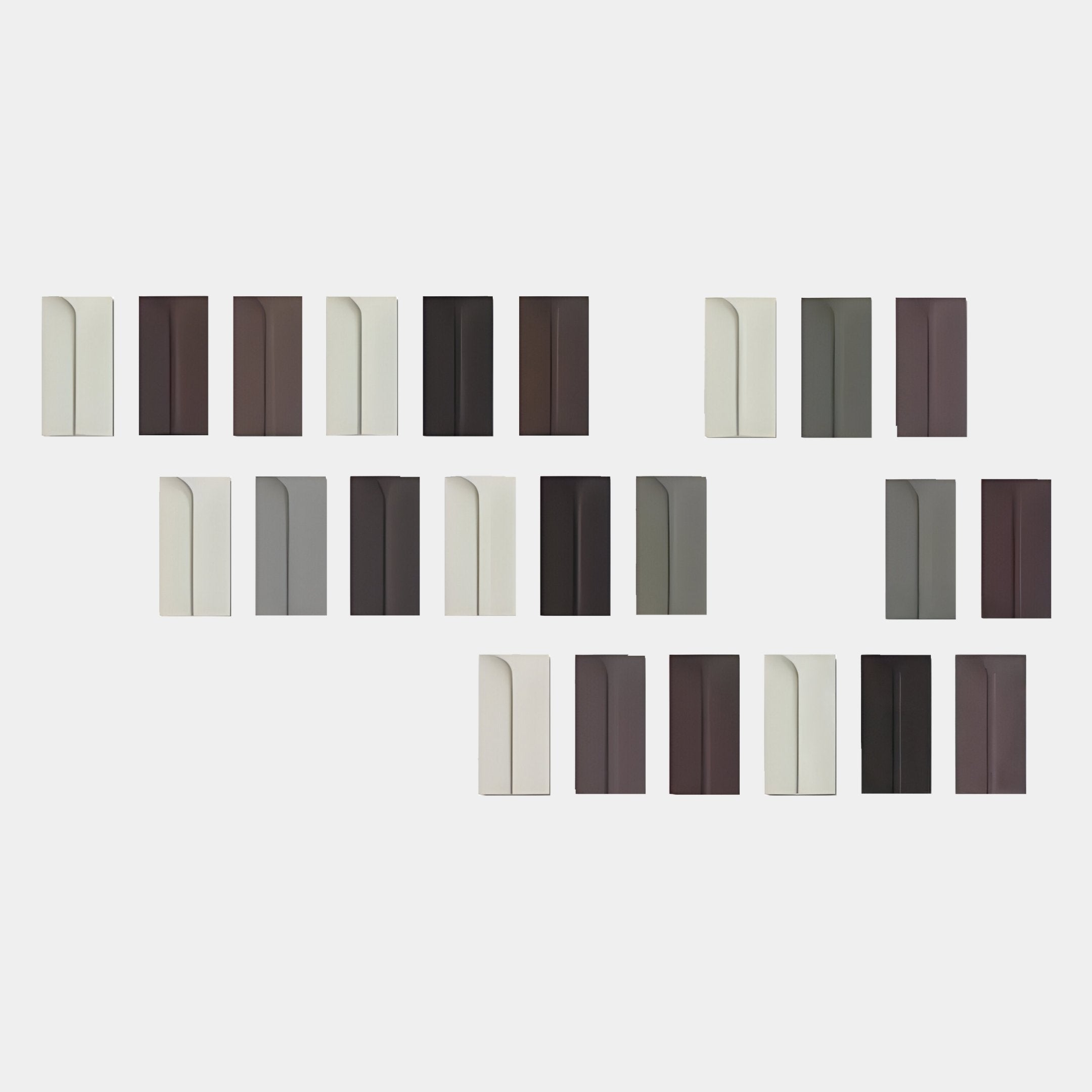 The Eximia Brown & Grey Tones Multi-Panel Wood Relief 3D Wall Art by Giant Sculptures features a Morandi-inspired grid of rectangles in cream, brown, gray, black, and green, set in three staggered rows on a plain white background.