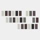 The Eximia Brown & Grey Tones Multi-Panel Wood Relief 3D Wall Art by Giant Sculptures features a Morandi-inspired grid of rectangles in cream, brown, gray, black, and green, set in three staggered rows on a plain white background.