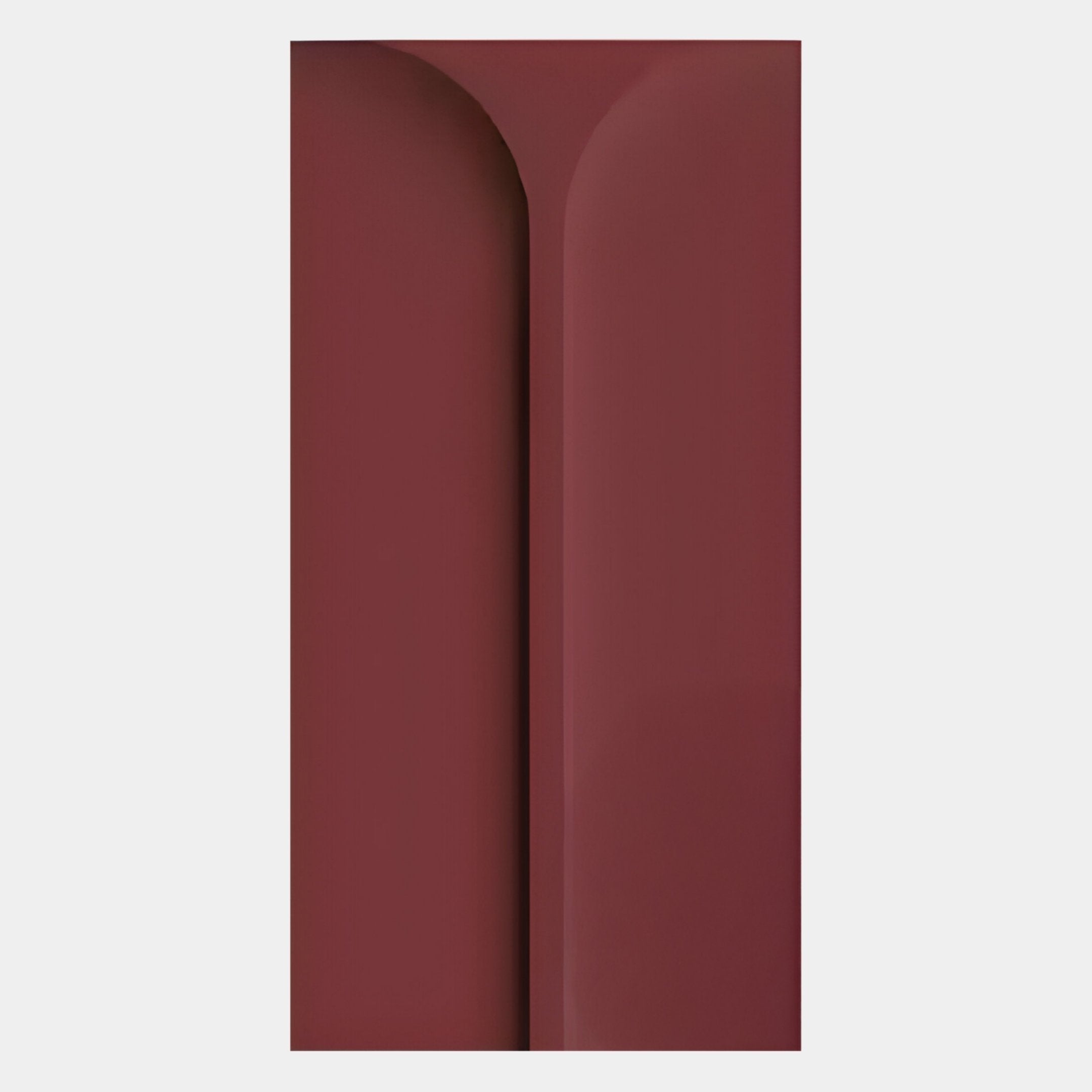 The Eximia Red Minimalist Wood Relief 3D Wall Art by Giant Sculptures features a vertical maroon form with subtle curves, adding depth and softness—ideal for modern Nordic interiors.