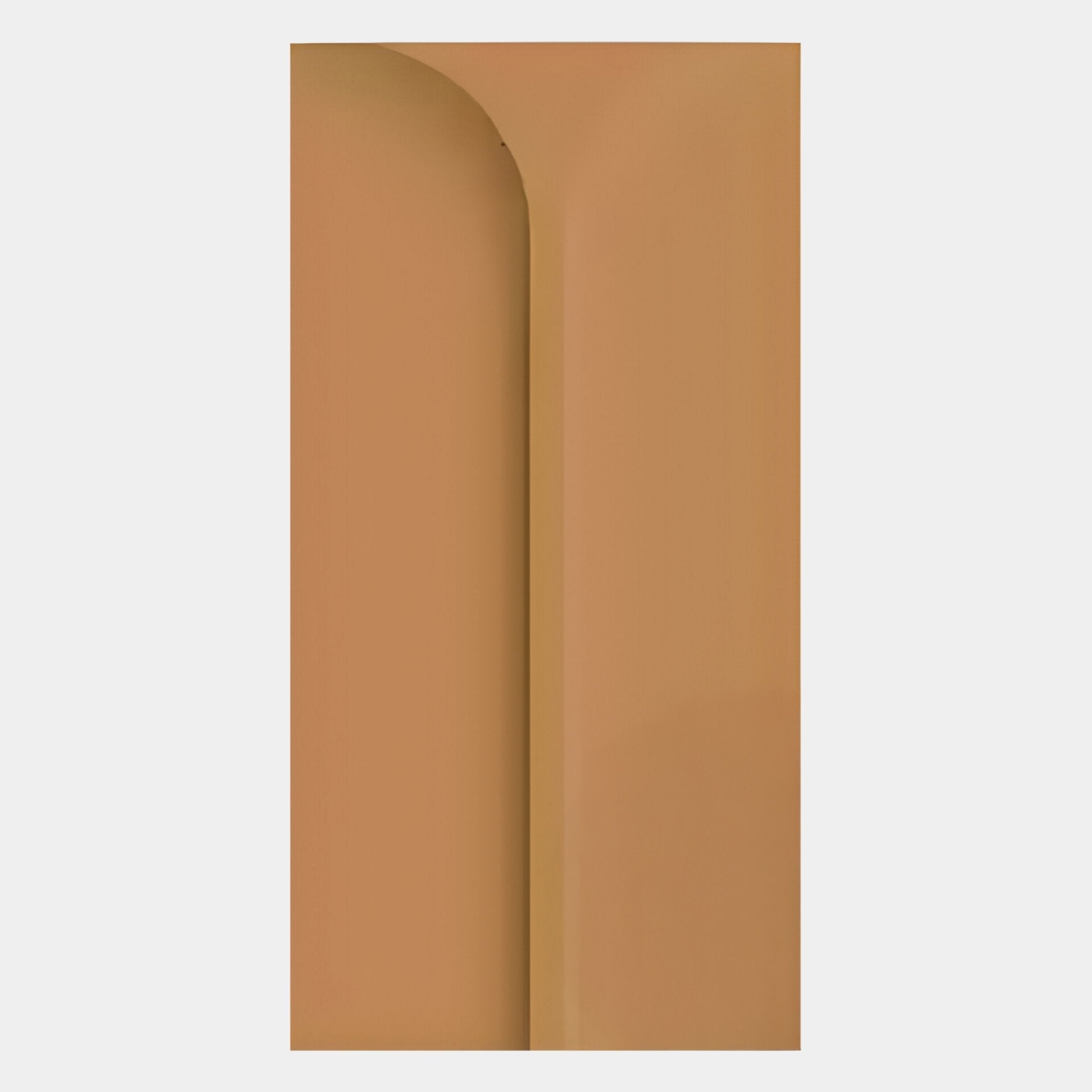 A close-up of the Eximia Camel Minimalist Wood Relief 3D Wall Art by Giant Sculptures, in solid camel brown, displays a subtle curved indentation—highlighting its Nordic-inspired minimalist aesthetic against a plain white background.