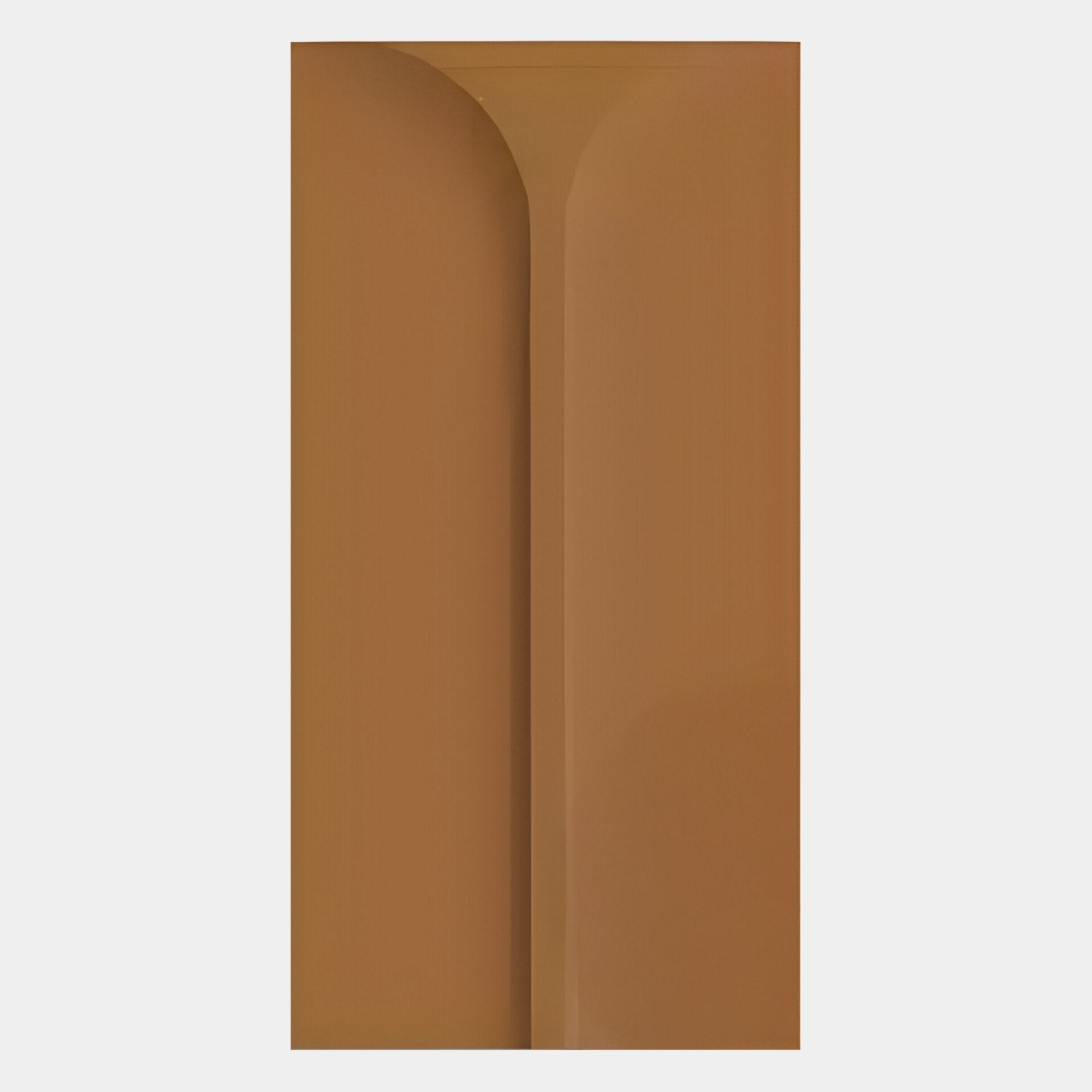 The Eximia Sienna Minimalist Wood Relief 3D Wall Art by Giant Sculptures features a brown vertical rectangle with a soft, curved indentation in a sienna finish—ideal for minimalist interiors and striking against white walls.