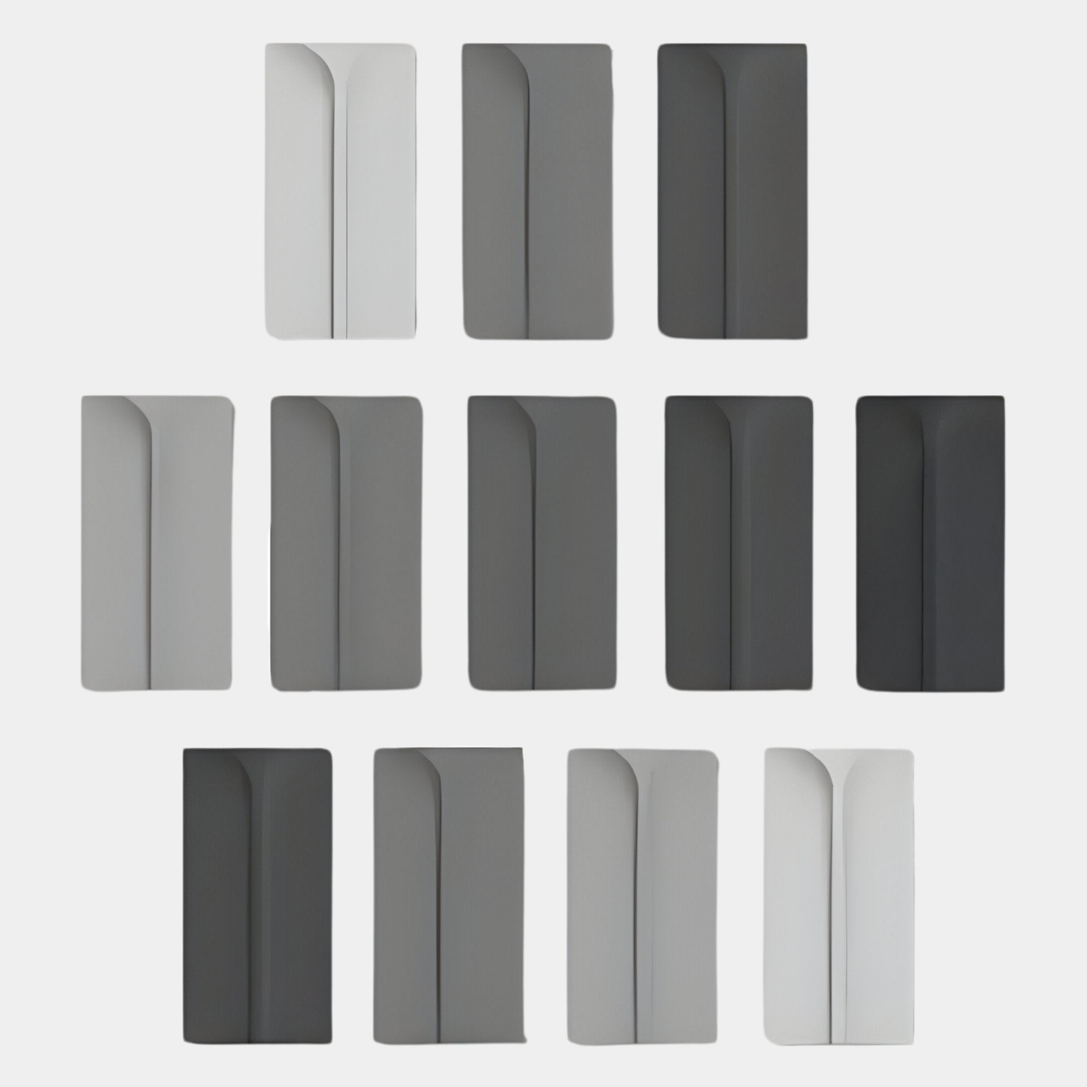 Thirteen rectangular hooks display the Eximia Grayscale Multi-Panel Wood Relief 3D Wall Art by Giant Sculptures in three rows on a white background, featuring gentle curves for a sleek, minimalist modern look.