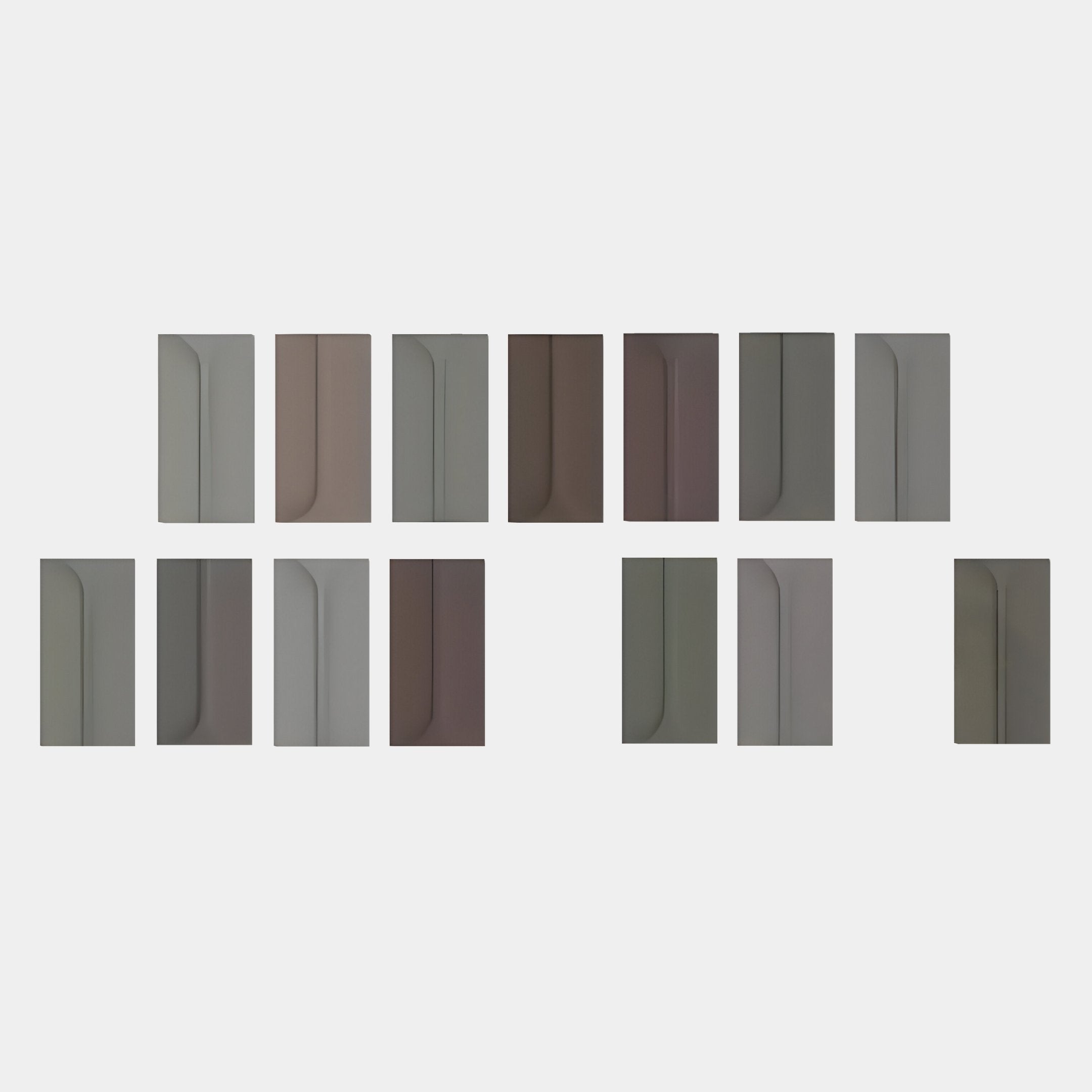 The Eximia Neutral Tones Multi-Panel Wood Relief 3D Wall Art by Giant Sculptures features fifteen earth-toned rectangular panels with curved or straight line details, arranged in two rows, perfect for modern interiors.