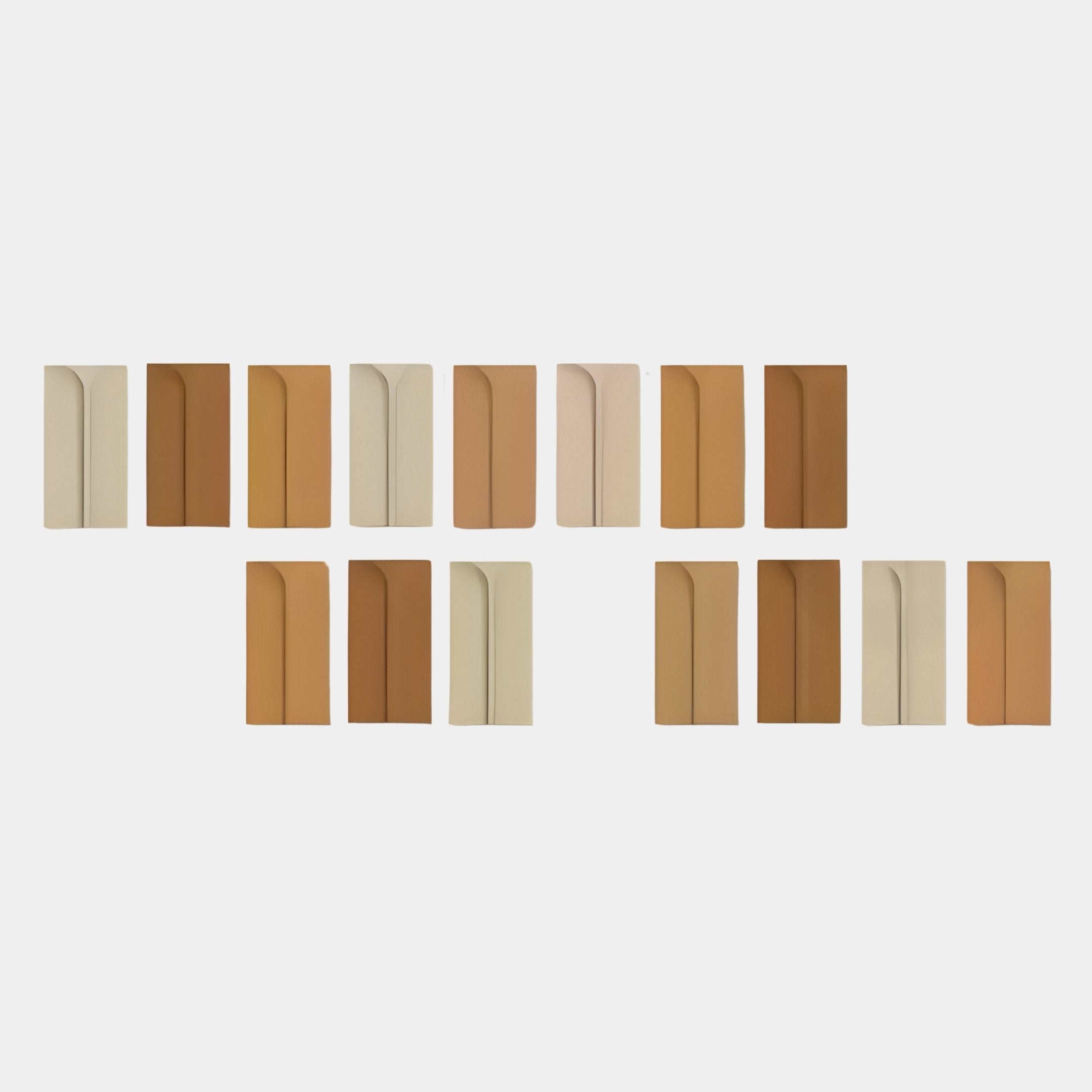 Rectangular adhesive bandages in two rows, arranged in an earthy gradient from light to dark, evoke the Eximia Earthy Tones Multi-Panel Wood Relief 3D Wall Art by Giant Sculptures, set against a white background.
