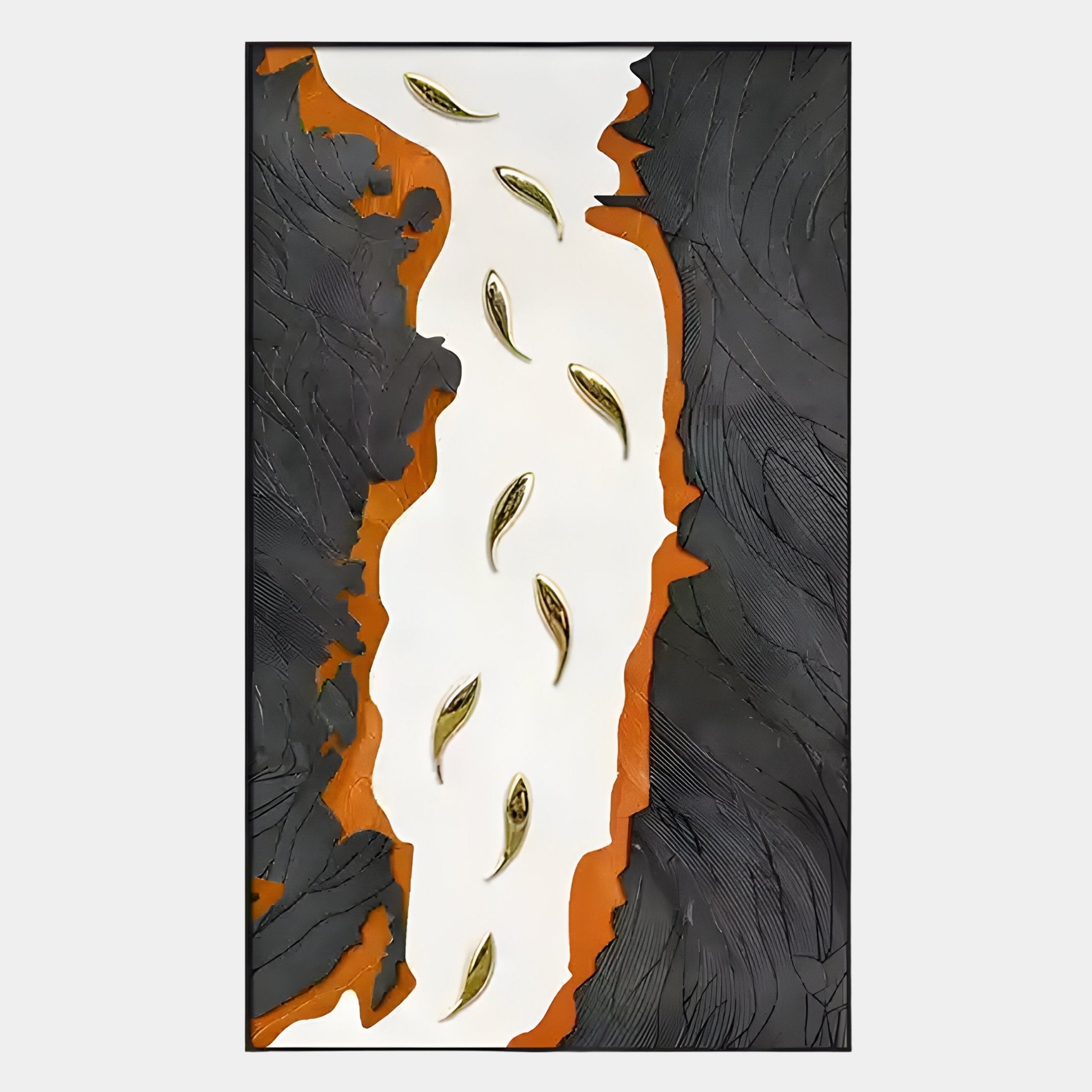 Prosper Black & Orange Metallic Fish 3D Relief Wall Art by Giant Sculptures features a white vertical strip bordered by textured black and amber metallic areas, accented with eight gold fish for a touch of prosperity and positive energy.