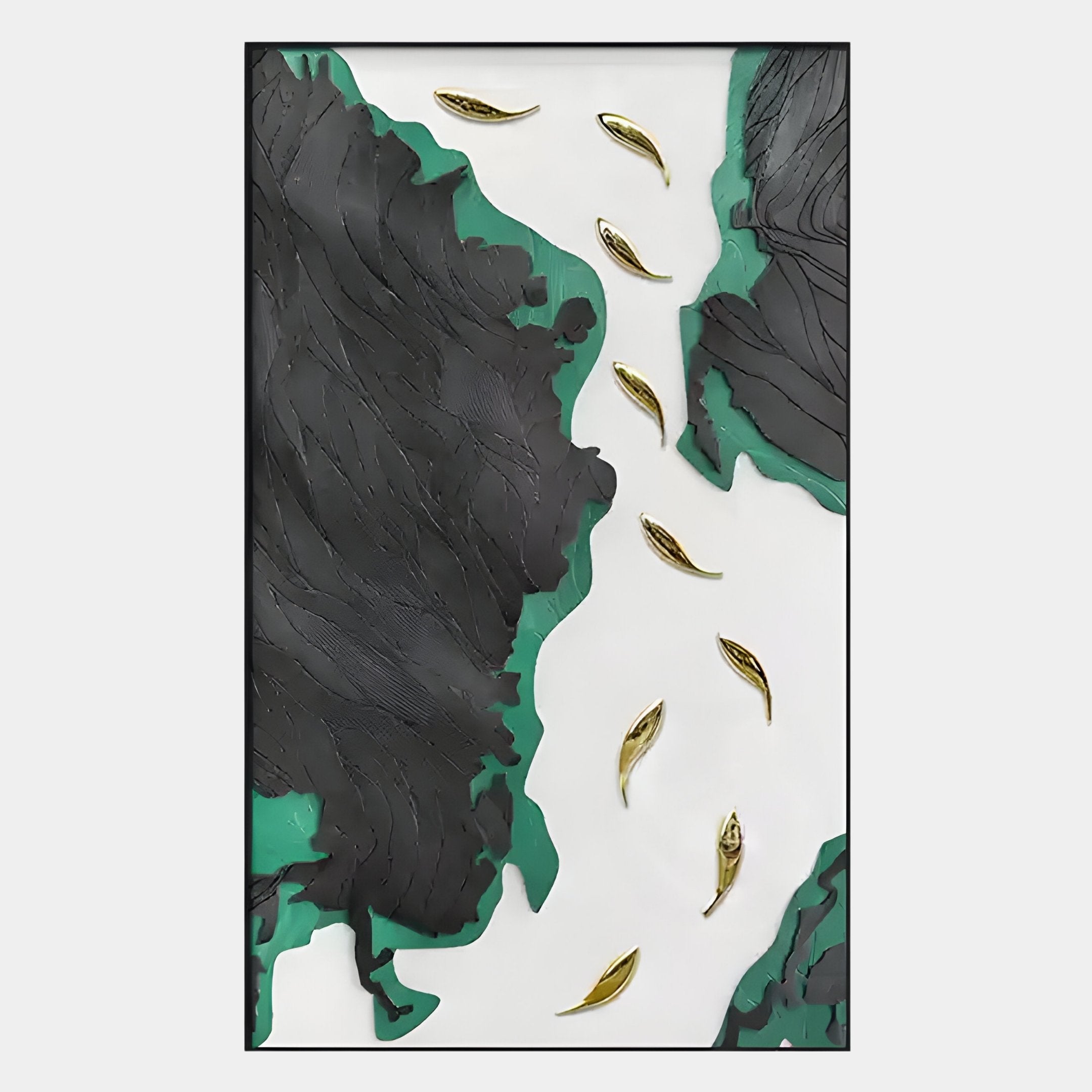 The Prosper Black & Green Metallic Fish 3D Relief Wall Art by Giant Sculptures features textured landmasses and gold fish shapes, symbolizing abundance and good fortune for your space.