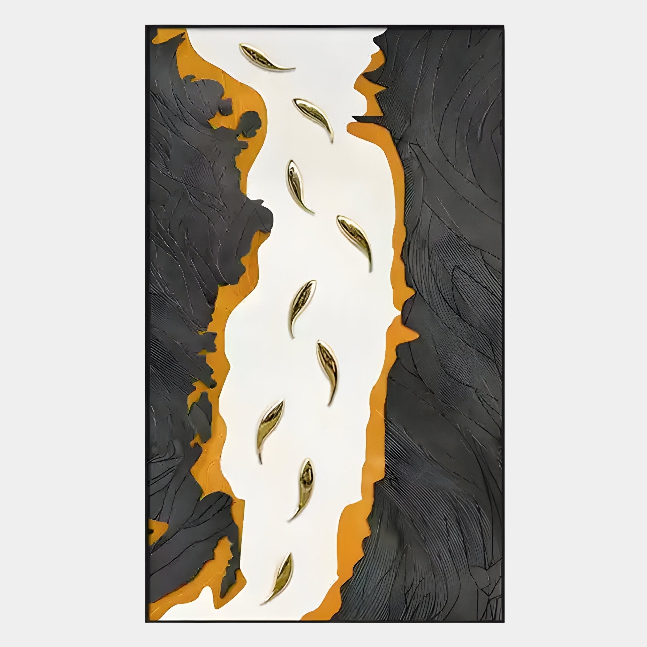 Prosper Black & Amber Metallic Fish 3D Relief Wall Art by Giant Sculptures features a vertical white path edged with black and amber textures and metallic fish shapes, resembling a stylized river of fish.