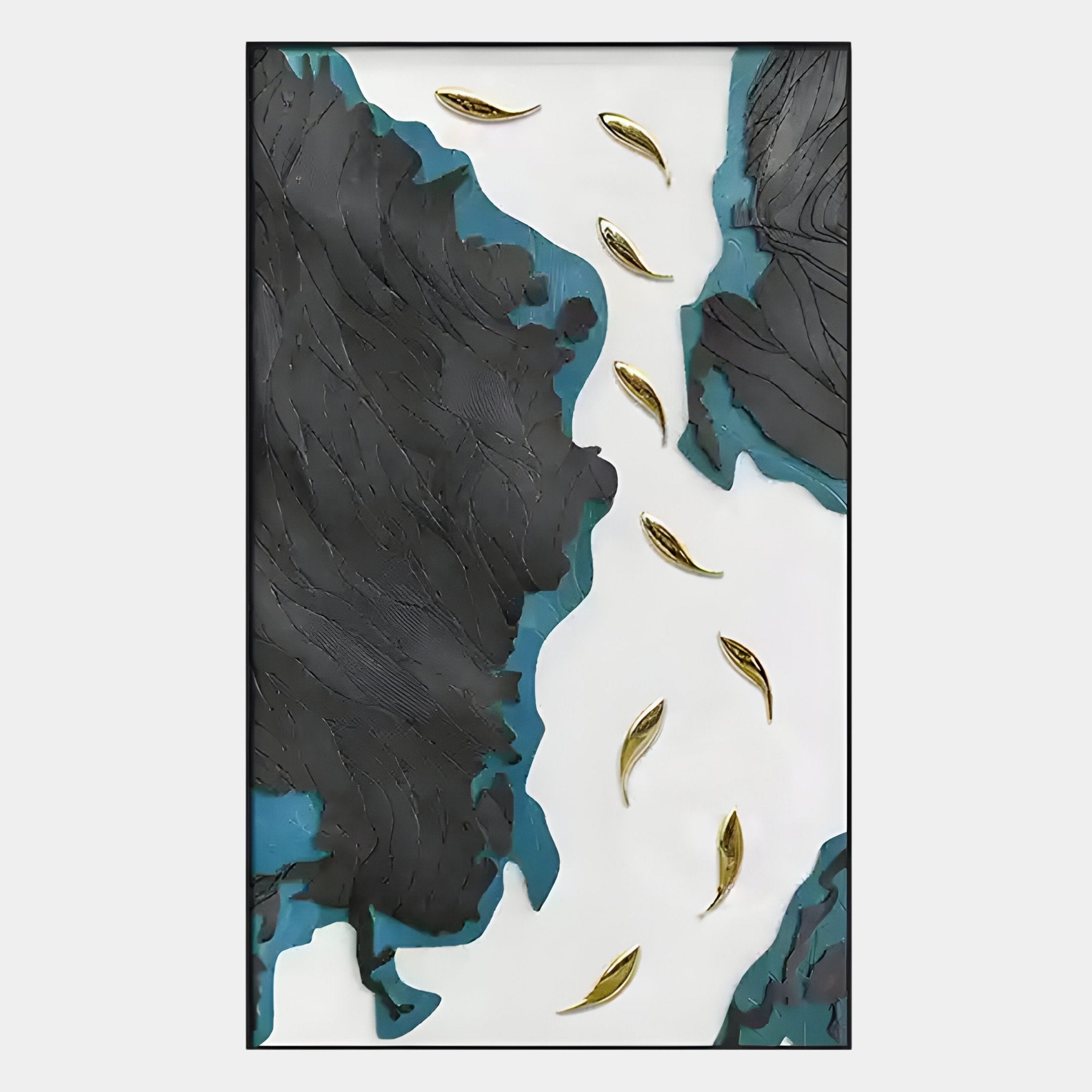 Prosper Black & Blue Metallic Fish 3D Relief Wall Art by Giant Sculptures features abstract black and blue shapes with nine metallic gold fish scattered diagonally, creating dynamic movement—ideal for contemporary spaces.
