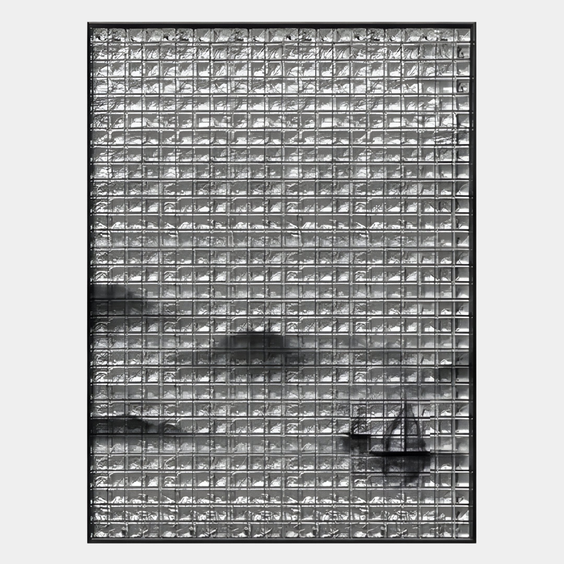 A grid of glass blocks forms a window with a Zen-inspired landscape and sailboat, resembling the serene Synova Silver II Hand-Painted Wood Relief 3D Wall Art by Giant Sculptures, partially hidden behind frosted glass.