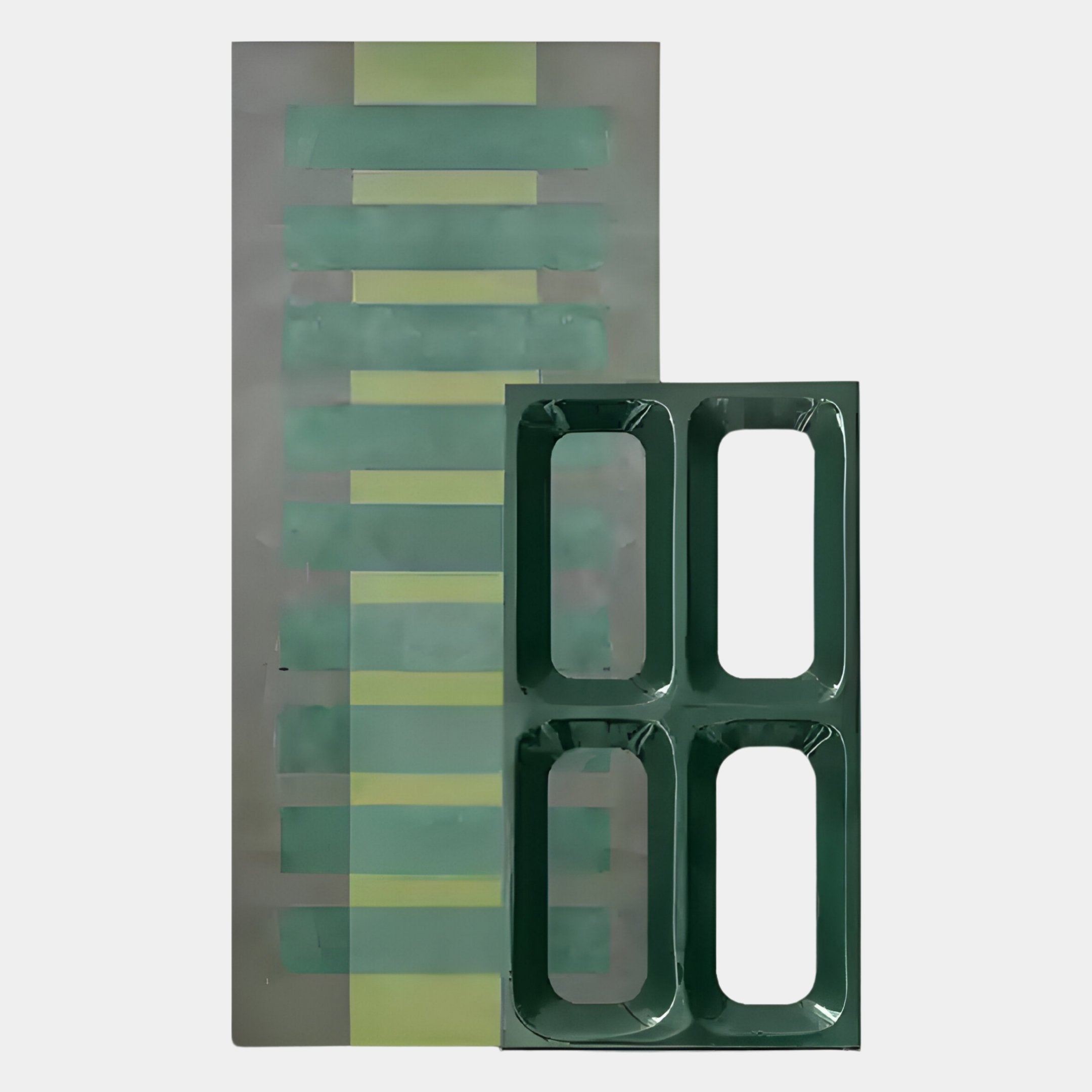 The Lineris Green Oil Painting & Glossy Wood Relief 3D Wall Art by Giant Sculptures features a rectangular metal sheet with teal stripes and a smaller dark green tray with four cutouts, artistically overlapping on a plain background.
