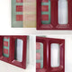 The Lineris Red Oil Painting & Glossy Wood Relief 3D Wall Art by Giant Sculptures showcases an abstract composition of rectangles in soft green and pink, alongside bold Lineris Red shapes with cut-out sections. Close-up angles highlight the texture and vibrant interplay of colors, enhancing its 3D allure.