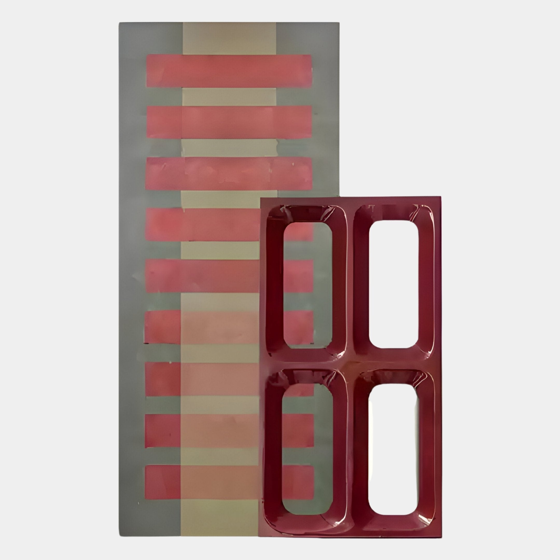 The Giant Sculptures Lineris Red Oil Painting & Glossy Wood Relief 3D Wall Art features horizontal red and beige stripes, partially covered by a red plastic tray with four rectangular cutouts, set against a light gray background.