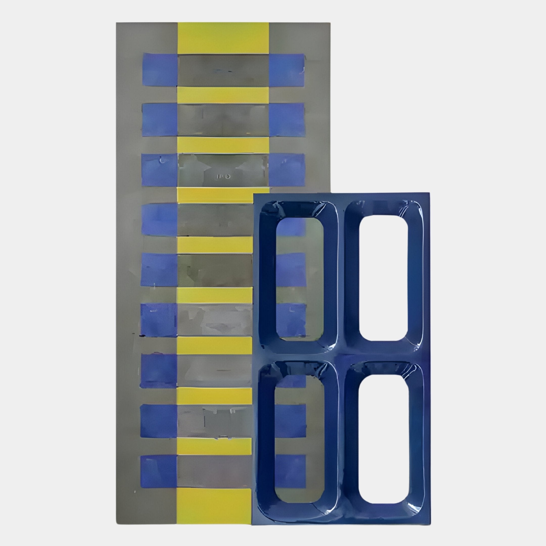 A rectangular sheet with yellow and blue stripes, partially covered by a blue stencil with four rectangular cutouts, showcases Giant Sculptures Lineris Blue Oil Painting & Glossy Wood Relief 3D Wall Art against a plain white background.