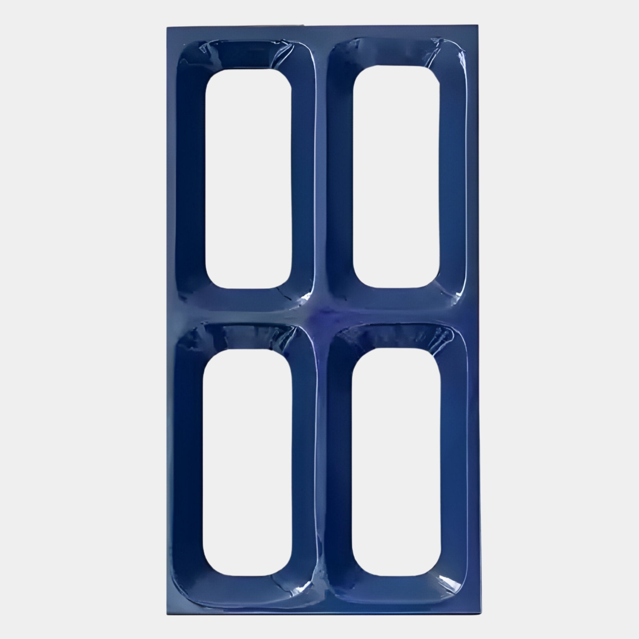 The Lineris Blue Glossy Wood Relief 3D Wall Art by Giant Sculptures features four large, rounded rectangular compartments in a modern design, adding a contemporary touch to your space.