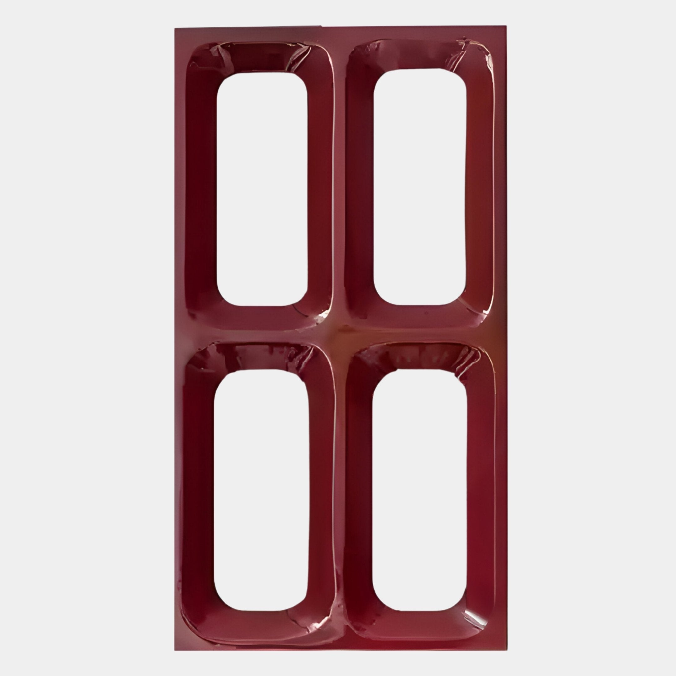 The Lineris Red Glossy Wood Relief 3D Wall Art by Giant Sculptures features four rectangular cavities in a red finish, inspired by modern interior decor and 3D wall art, viewed from above on a white background.