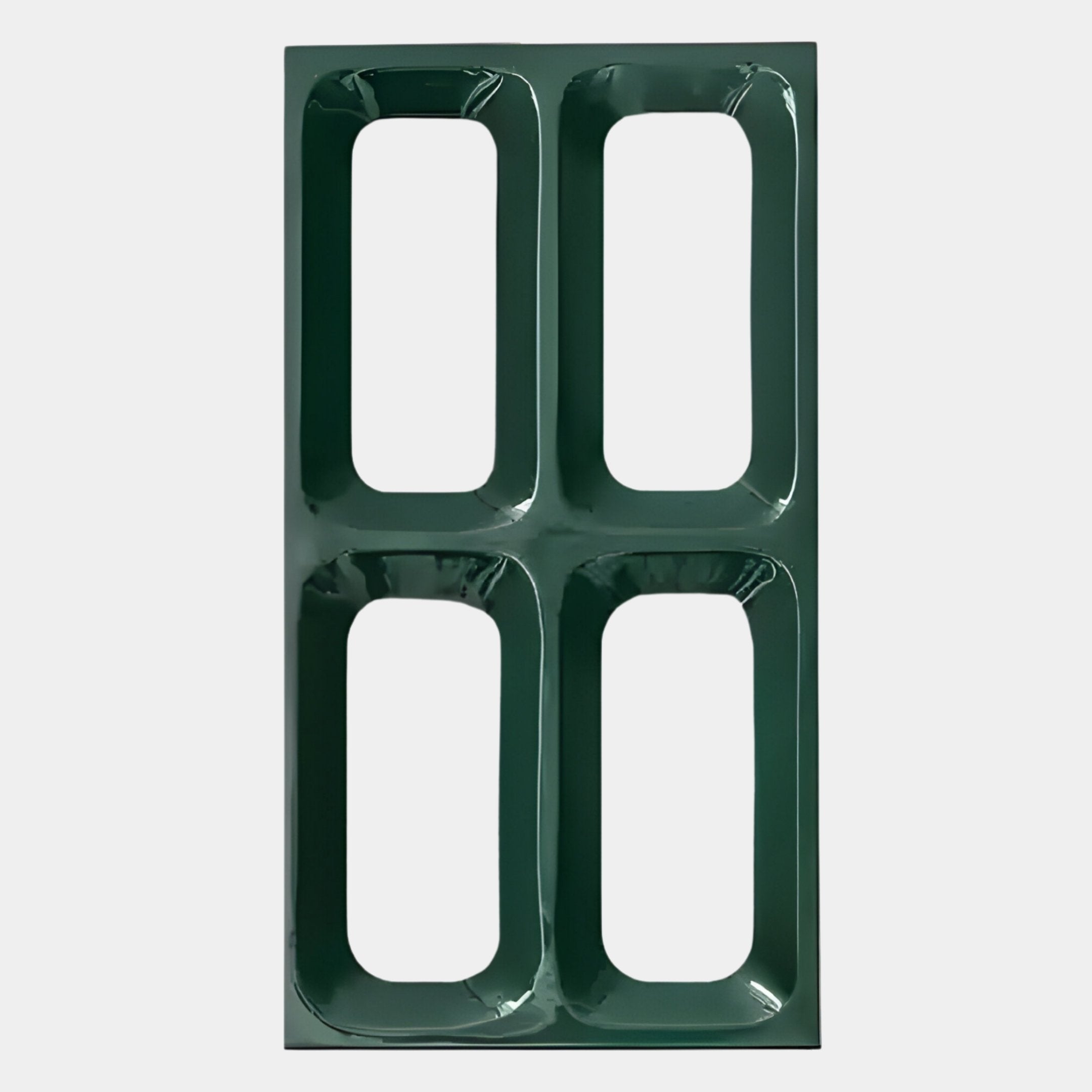 The Lineris Green Glossy Wood Relief 3D Wall Art by Giant Sculptures features a dark green rectangular design with four large rounded rectangular elements, arranged in two rows of two, showcasing a minimalistic style.