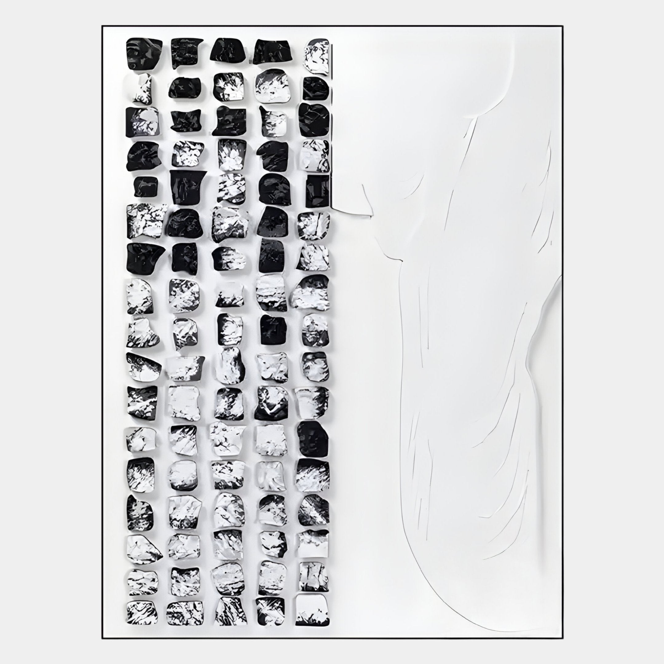 The Aestilis Black & White Mosaic Wood Carving 3D Wall Art by Giant Sculptures features a textured black and white mosaic grid on the left and engraved, woodcarving-inspired wavy lines on the right, all set against a plain white background.