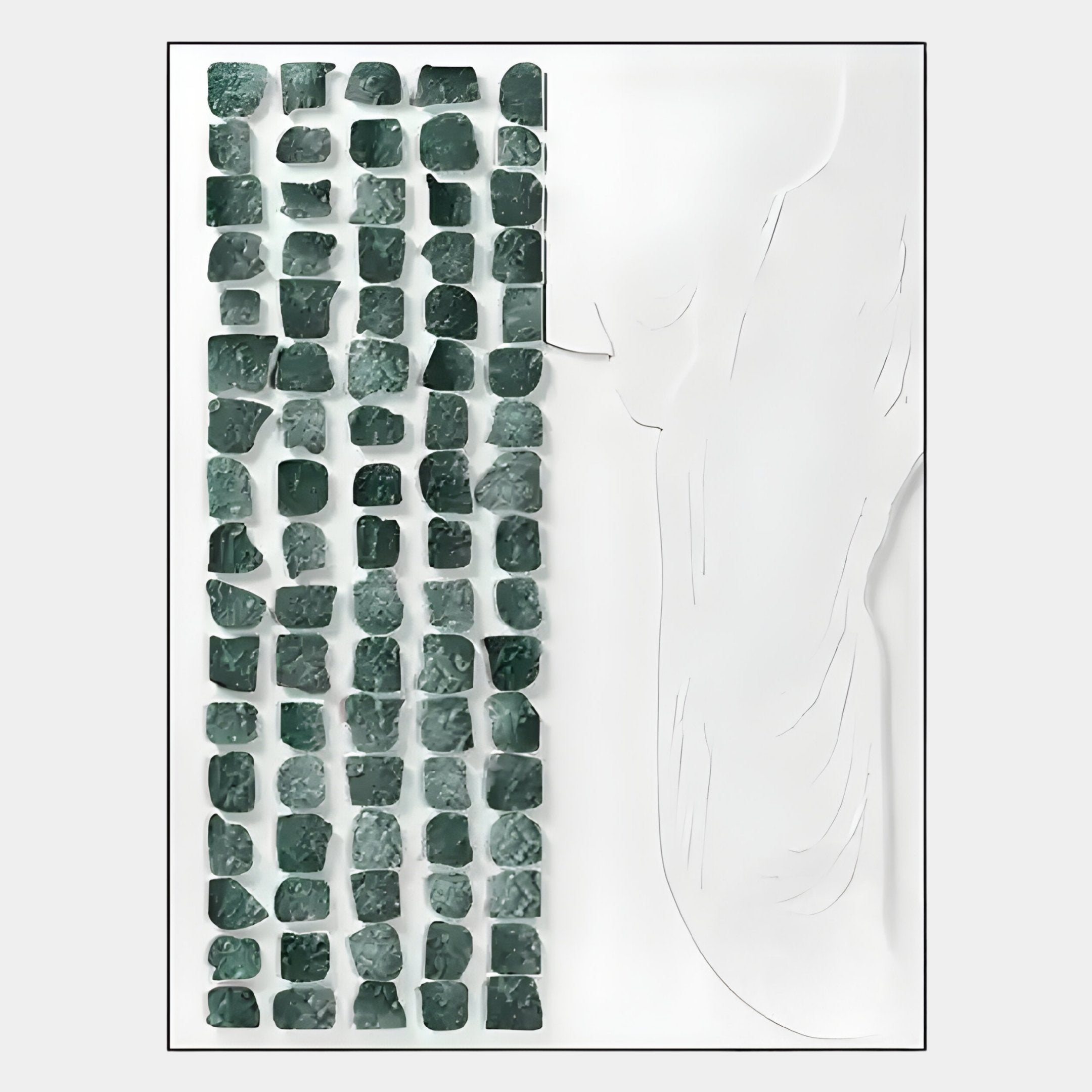 Aestilis Green & White Mosaic Wood Carving 3D Wall Art by Giant Sculptures features a grid of green, textured tiles on the left and subtle white-on-white embossed shapes on the right, creating an elegant contrast.