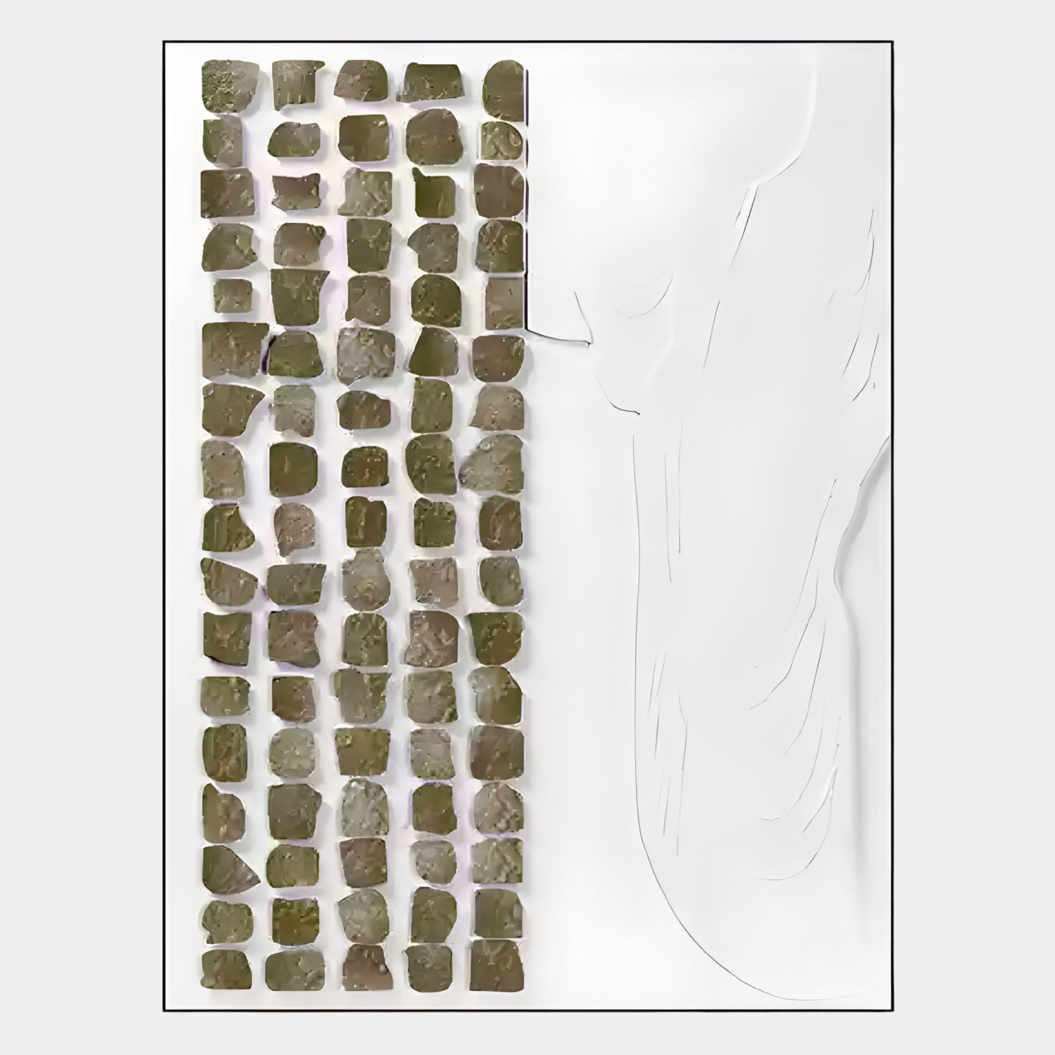 The Aestilis Olive & White Mosaic Wood Carving 3D Wall Art by Giant Sculptures features uneven brown stones on the left and abstract white shapes on the right, creating a balanced Wabi-sabi Decor look for your space.