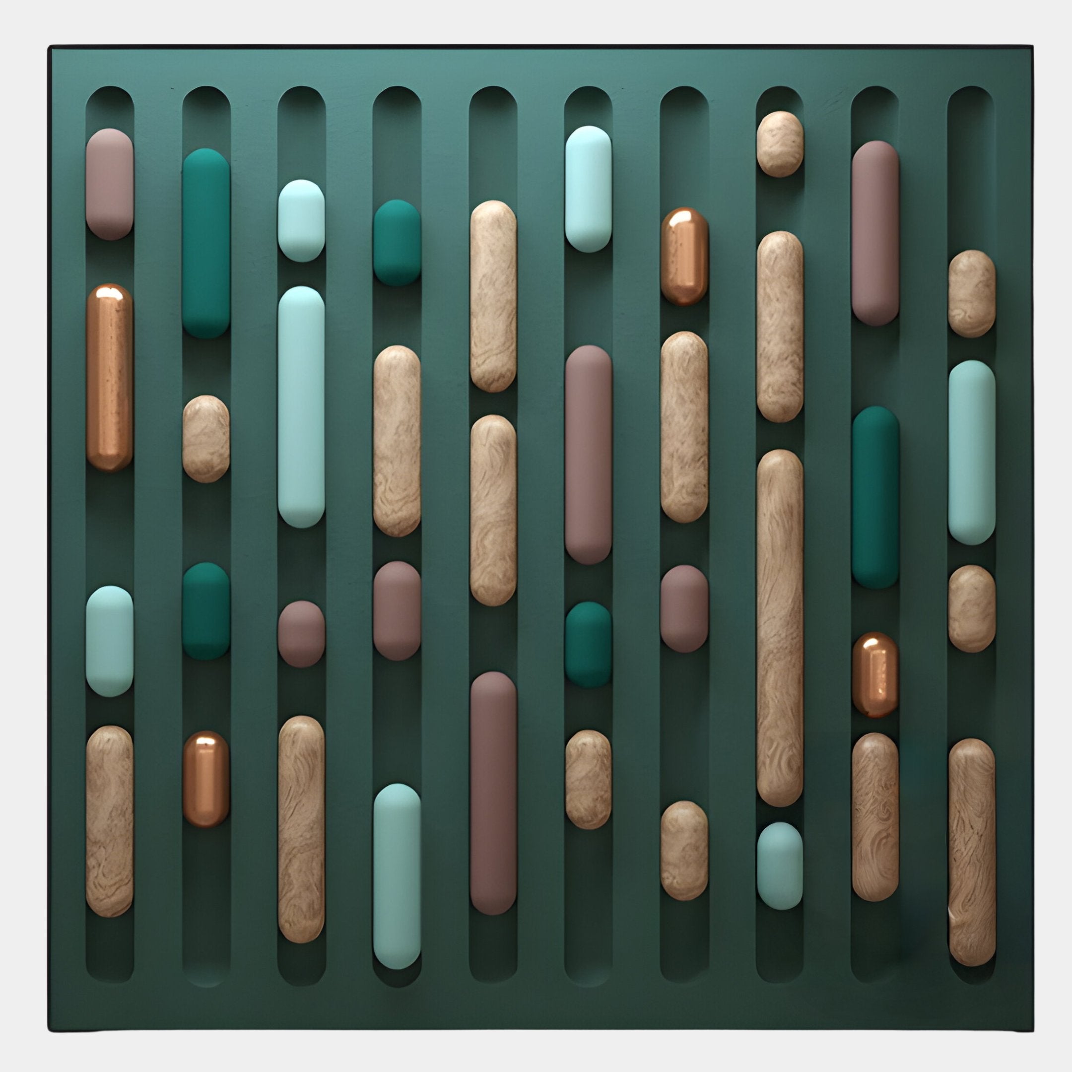 The Formexa Capsule Geometric Wood Relief 3D Wall Art by Giant Sculptures features vertical rows of rounded capsule shapes in teal, copper, beige, and brown on a dark green background—an eye-catching abstract piece ideal for Nordic interiors.