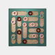 The Formexa Ring Geometric Wood Relief 3D Wall Art by Giant Sculptures features a Nordic design with a geometric square grid, turquoise borders, and beige backgrounds. It includes pink, red, and teal circular rings within rounded rectangular cutouts for a balanced pattern.