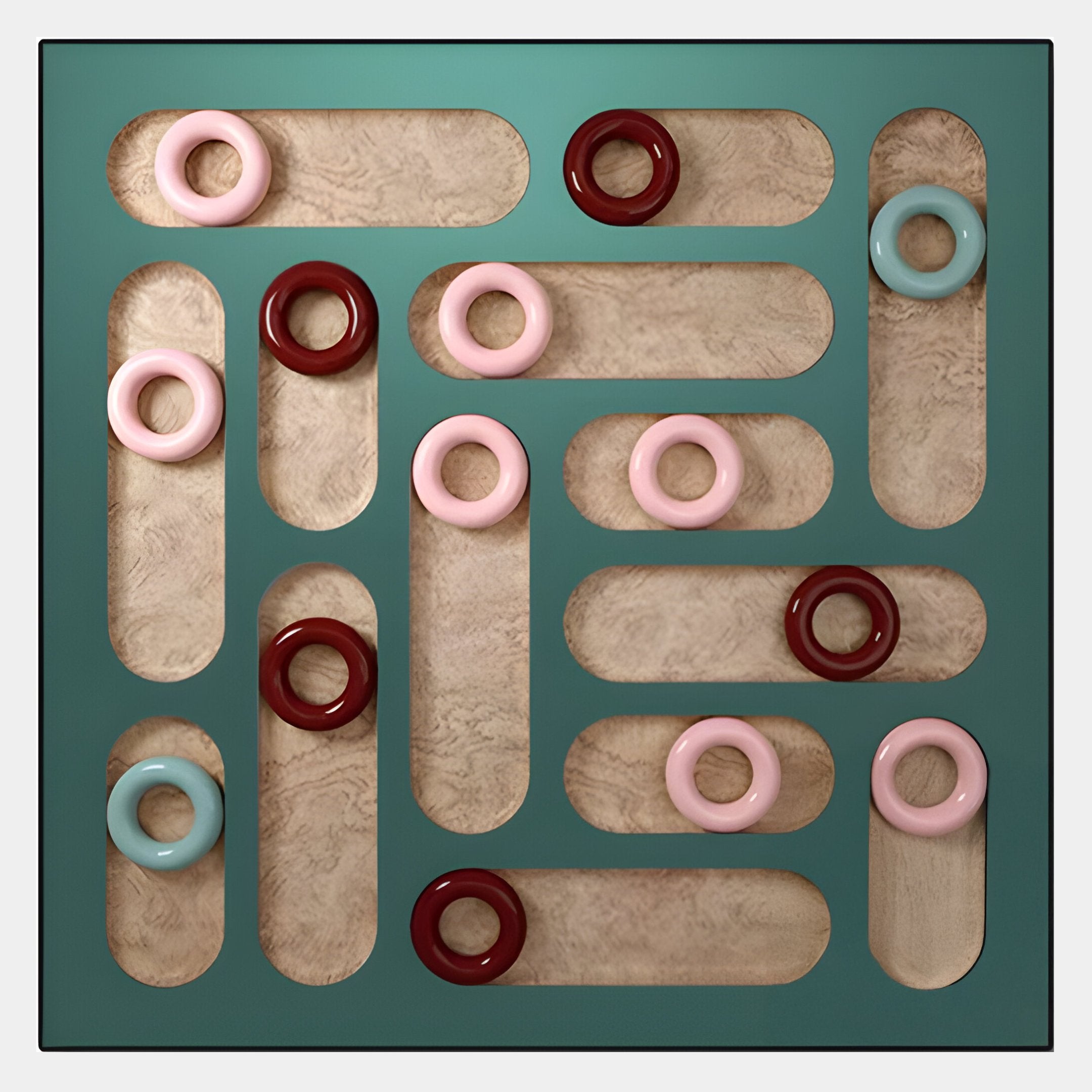 The Formexa Ring Geometric Wood Relief 3D Wall Art by Giant Sculptures features ring-shaped pieces in red, pink, and light blue on a square teal board with curved slots, creating striking wall art against a beige marbled background.