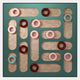 The Formexa Ring Geometric Wood Relief 3D Wall Art by Giant Sculptures features ring-shaped pieces in red, pink, and light blue on a square teal board with curved slots, creating striking wall art against a beige marbled background.