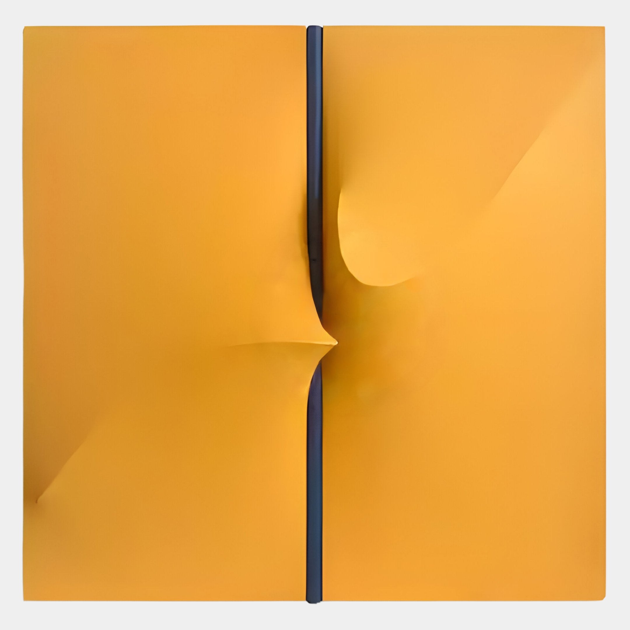 The Delinea Yellow Stretch Fabric 3D Wood Relief Wall Art by Giant Sculptures features a yellow surface split vertically by a slim dark line, with gentle folds and indents suggesting abstract forms—like stretch fabric or wood relief at the center.