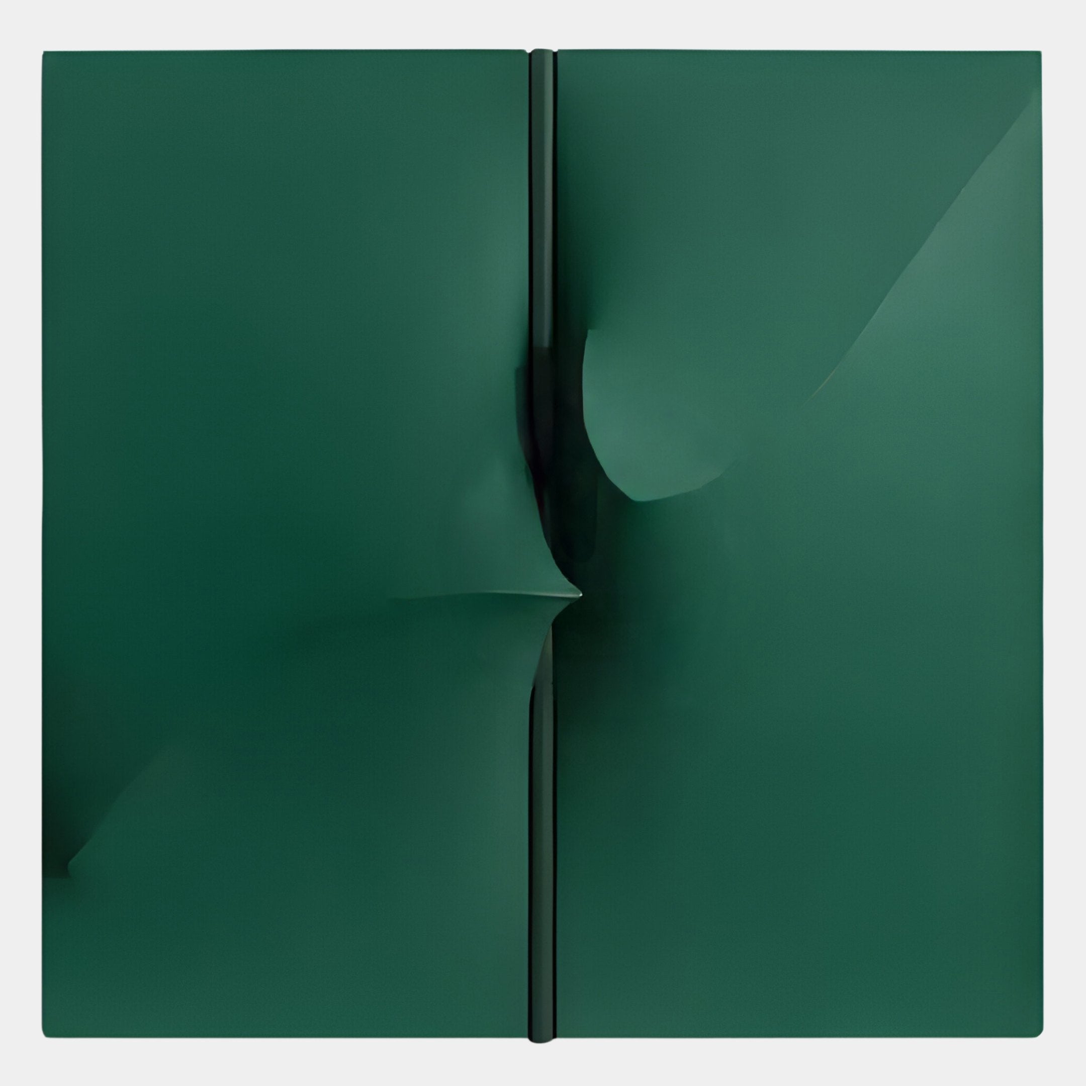 The Delinea Green Stretch Fabric 3D Wood Relief Wall Art by Giant Sculptures features two green square panels divided by a thin vertical line, with soft abstract folds for striking indoor decor.