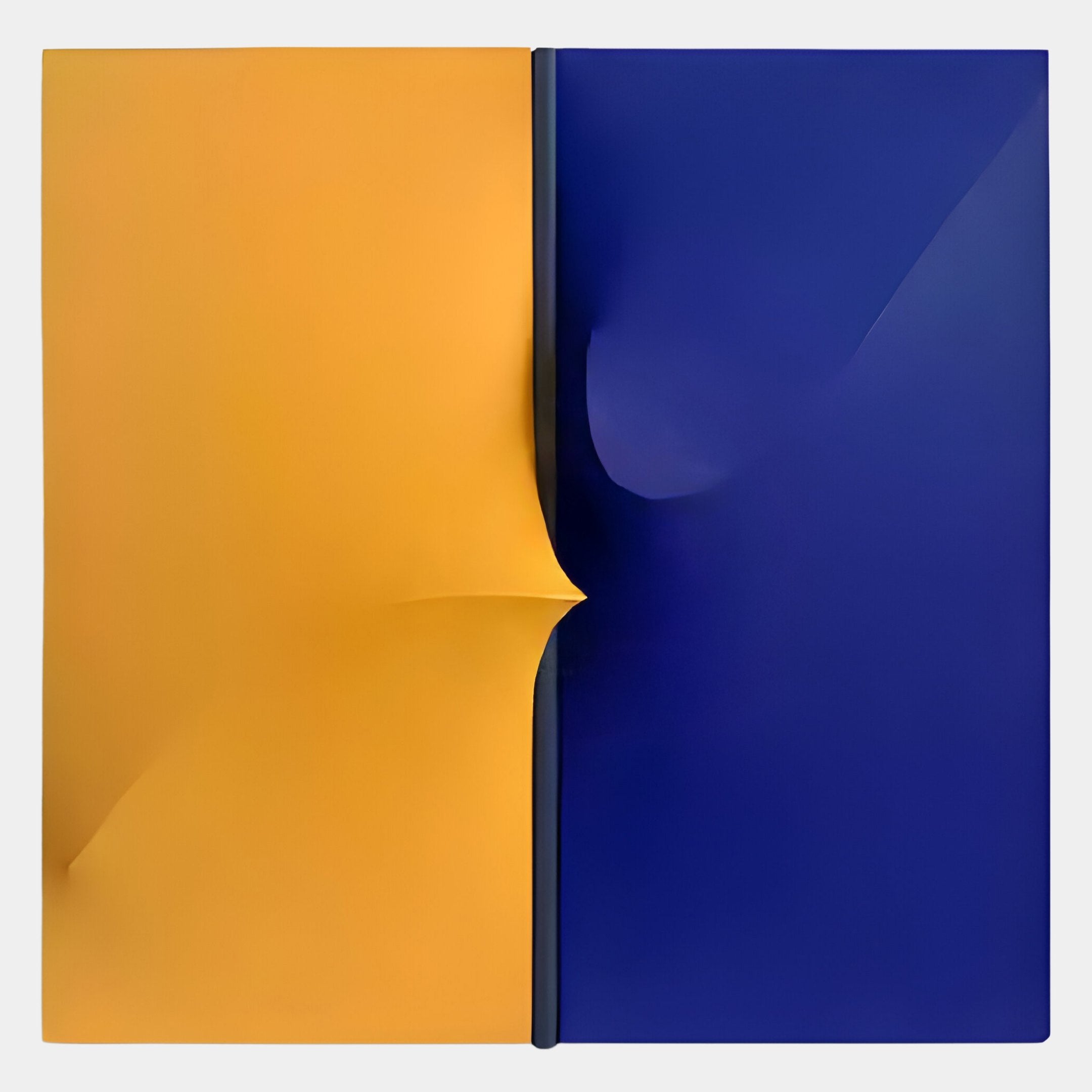 The Delinea Dual Contrast Yellow & Blue Fabric 3D Wood Relief Wall Art by Giant Sculptures features two panels—yellow on the left, dark blue on the right—each with subtle outward-facing bumps that highlight visual contrast and depth.