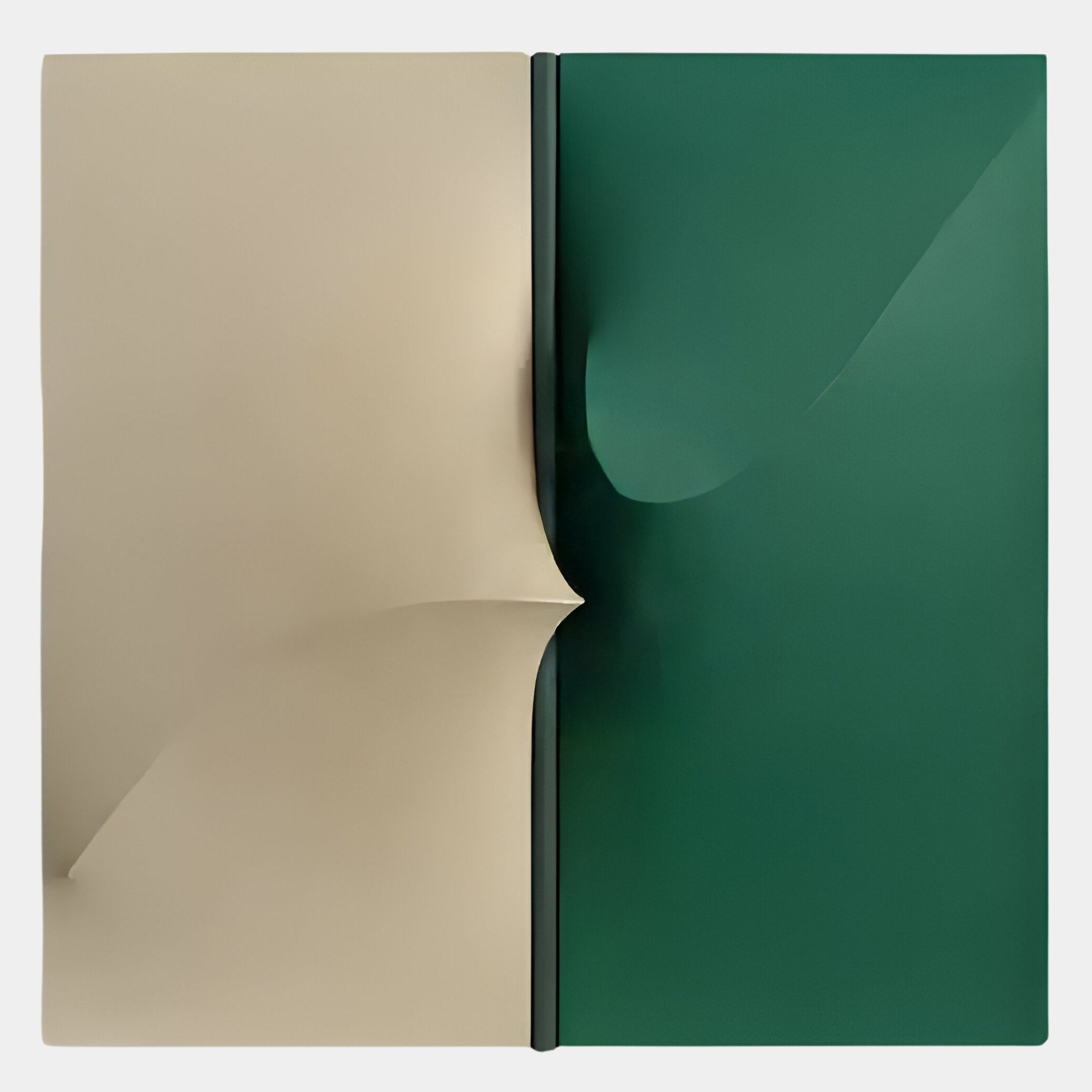 The Delinea Dual Contrast Beige & Green Fabric 3D Wood Relief Wall Art by Giant Sculptures features two panels: smooth beige fabric with a raised fold on the left, dark green with curved indentations on the right, divided by a slim black line for bold contrast.