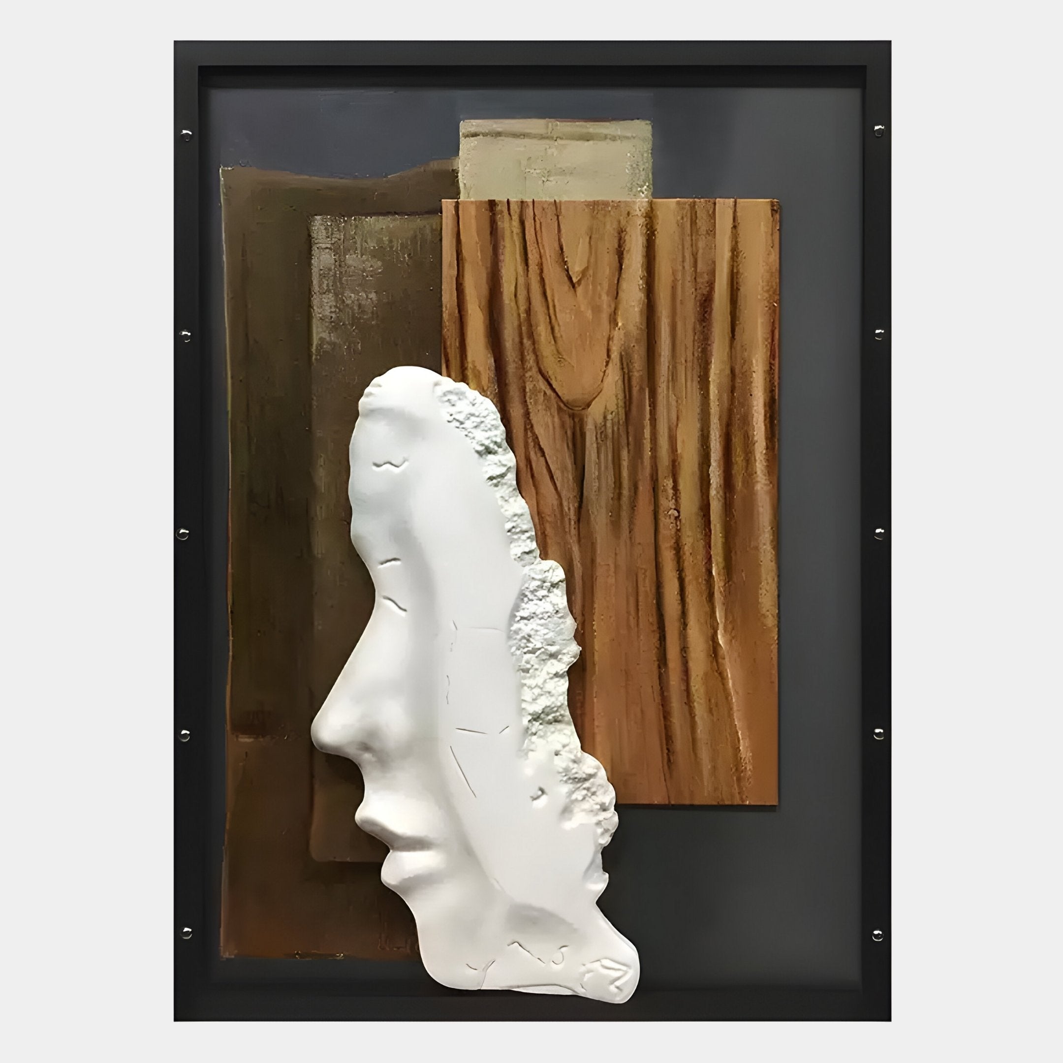 The Visagio Hand-Painted Wood Relief 3D Wall Art by Giant Sculptures features a white sculpted side profile set on hand-painted wood panels, creating a striking contrast between smooth plaster and textured wood.
