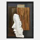 The Visagio Hand-Painted Wood Relief 3D Wall Art by Giant Sculptures features a white sculpted side profile set on hand-painted wood panels, creating a striking contrast between smooth plaster and textured wood.