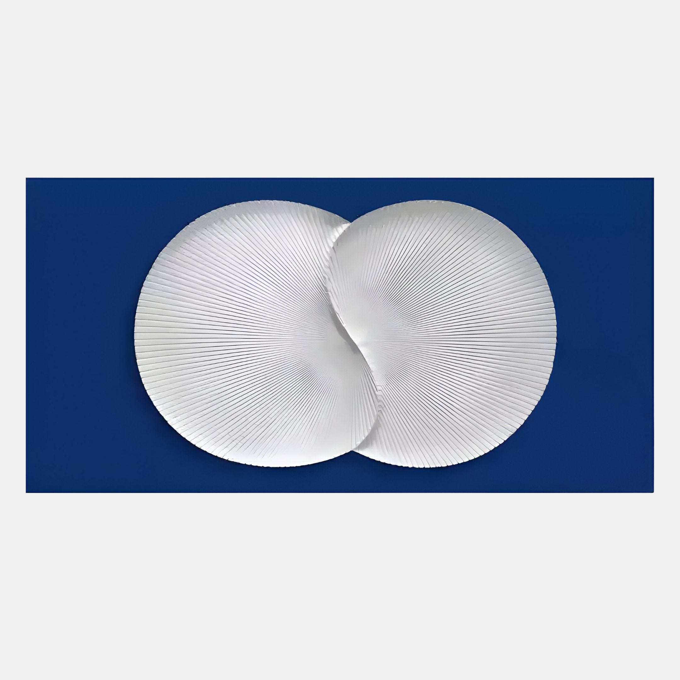 The Artivio Blue & White Wood Relief 3D Wall Art from Giant Sculptures features overlapping textured circles on a solid dark blue background, creating striking minimalist décor.
