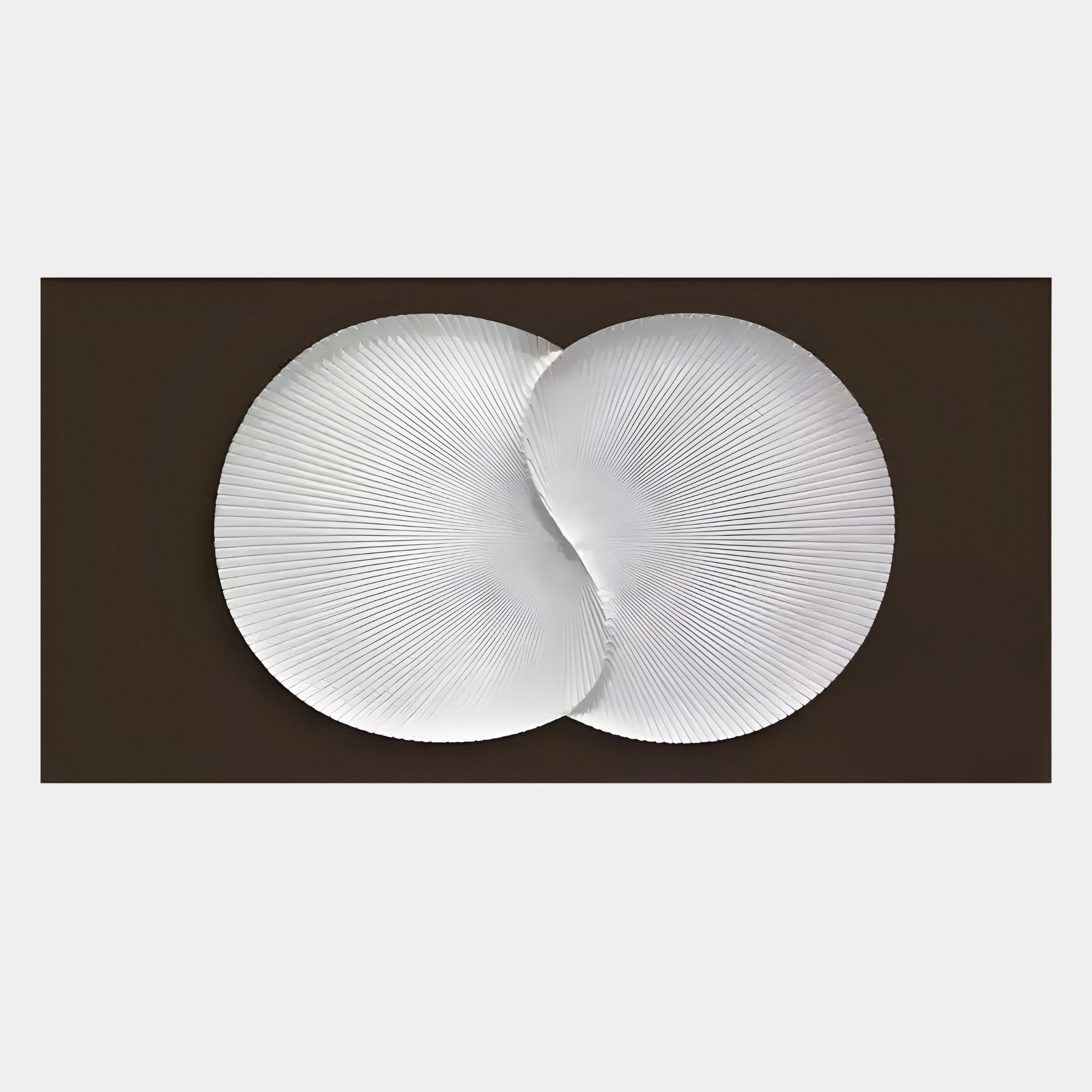 The Artivio Dark Brown & White Wood Relief 3D Wall Art by Giant Sculptures features two overlapping white circles with fine radiating lines, forming a symmetrical minimalist design on a dark background.