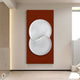 The Artivio Red & White Wood Relief 3D Wall Art from Giant Sculptures showcases overlapping textured white circles on a tall canvas, mounted in a minimalist room with light walls. Ideal for modern interiors.