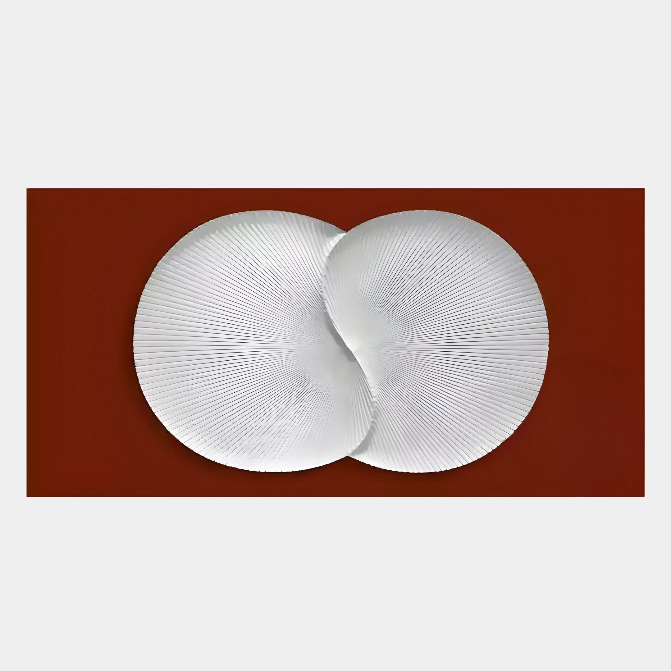 The Artivio Red & White Wood Relief 3D Wall Art by Giant Sculptures features two overlapping white circles with fine lines on a rich reddish-brown background, creating a minimalist and symmetrical abstract design.