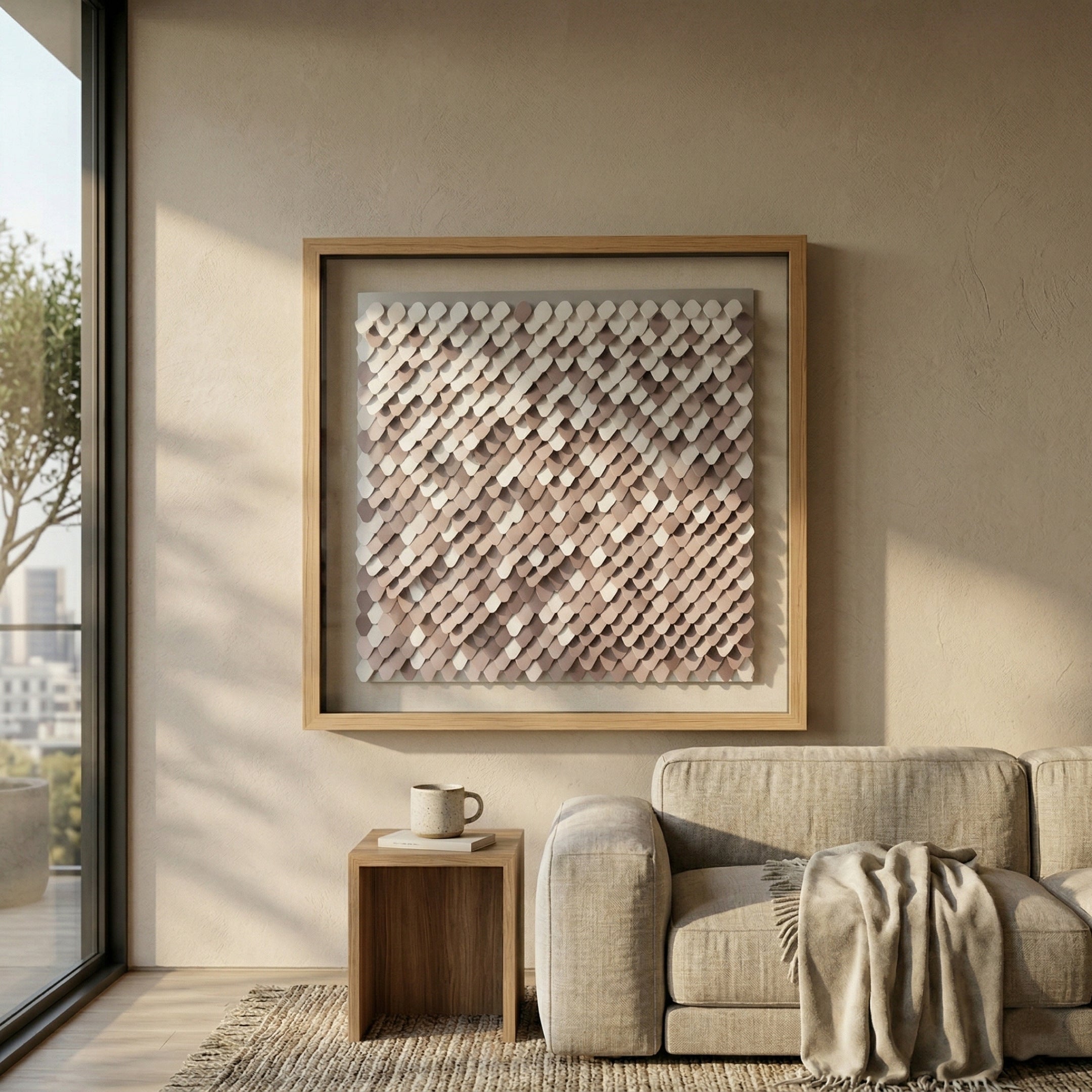 Tessora White & Blush Scale Mosaic Metal 3D Wall Art by Giant Sculptures in a wood frame, showing layered aluminium scales in white, blush, and taupe tones, displayed above a linen sofa in a sunlit living room.