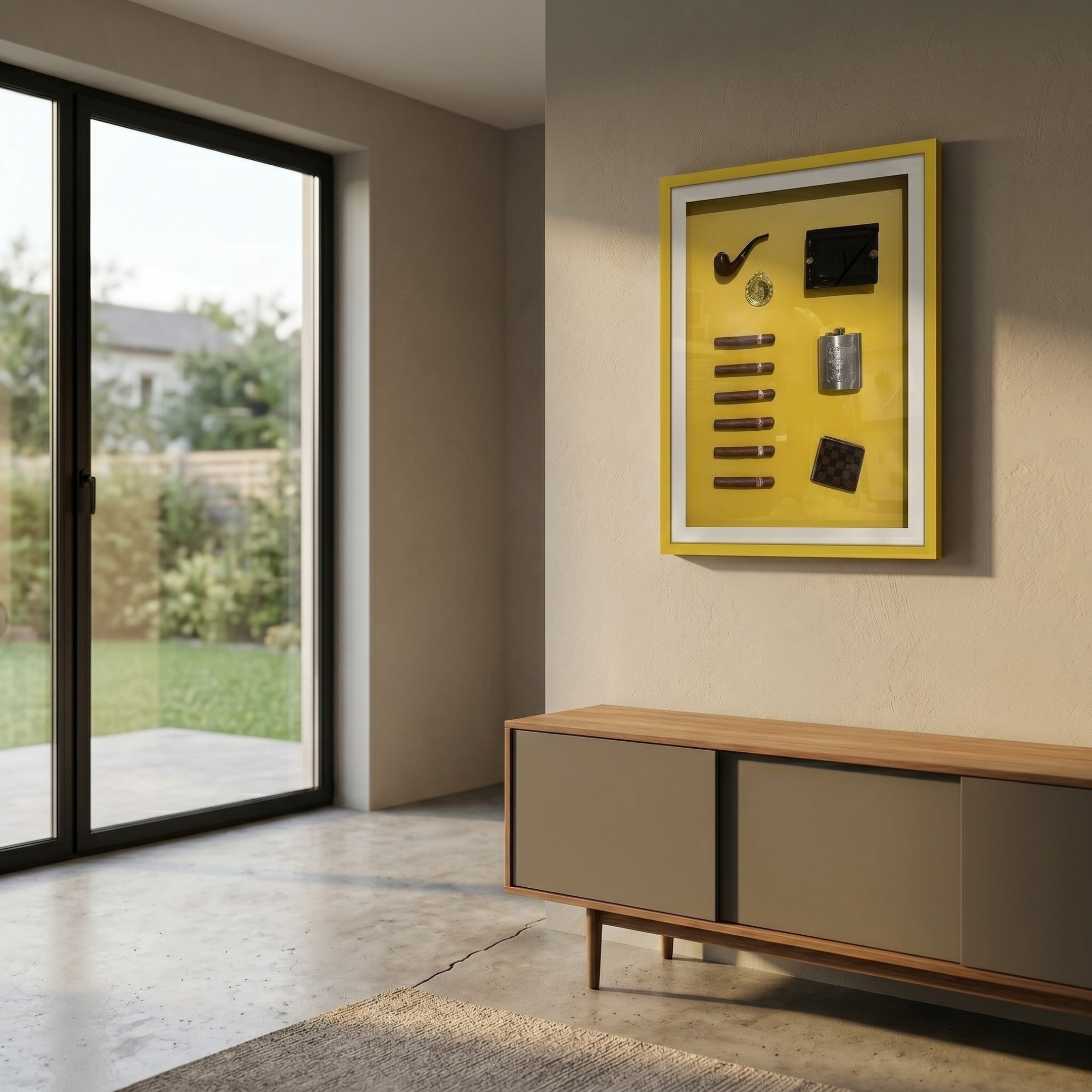 A modern room features a wooden sideboard, large glass doors, and the Gentaro Cigar & Gentleman Collectible Display Wall Art by Giant Sculptures—showcasing vintage items on a yellow background, mounted on a beige wall.