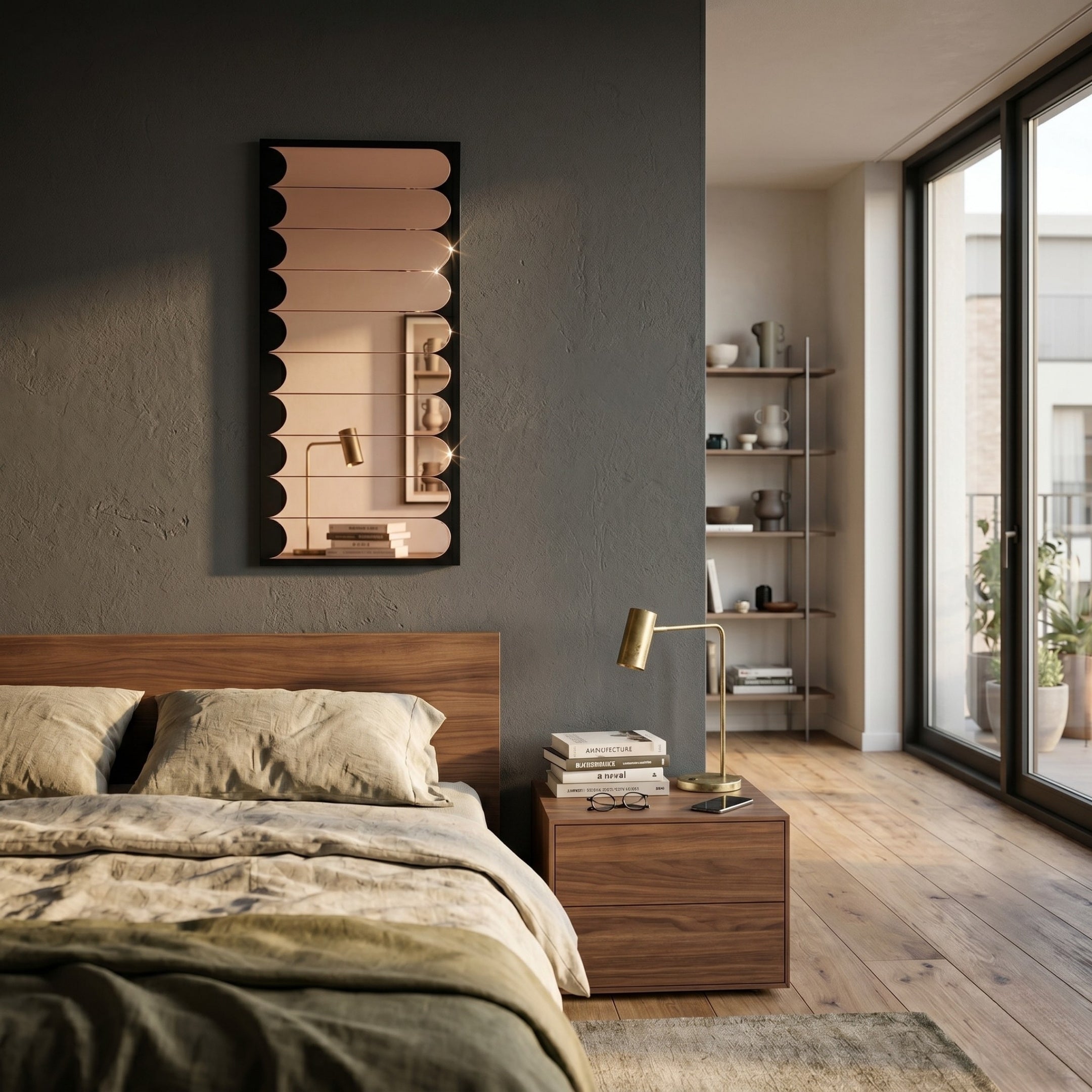 A modern bedroom with a wooden bed and nightstand, gold lamp, books, and beige bedding. The Giant Sculptures Lumiscale Black & Bronze Modular Glass Wall Mirror hangs above the nightstand. Sunlight streams in from large windows; a shelf with decor is behind.