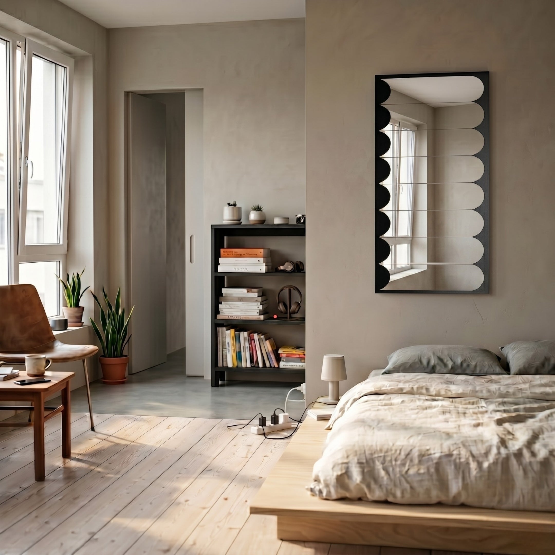 A cozy, modern bedroom with a low wooden bed, beige bedding, large windows, indoor plants, and a bookshelf. The Giant Sculptures Lumiscale Black & White Modular Glass Wall Mirror adds contemporary style as natural light fills the space.