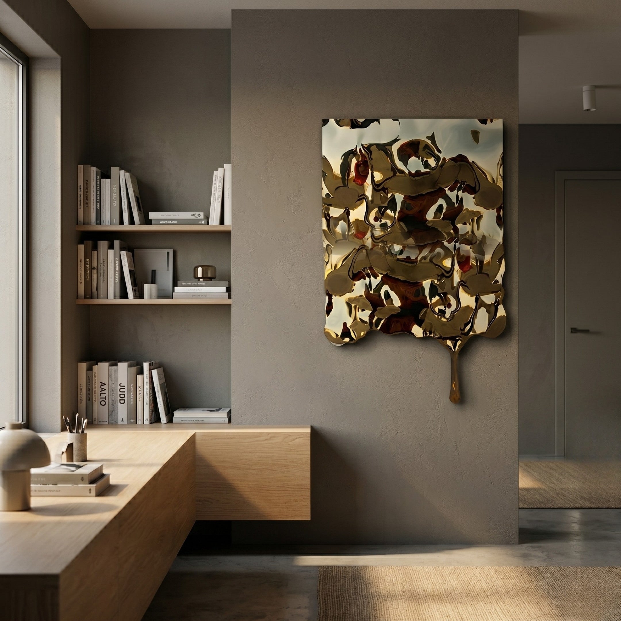 A modern, minimalist study with built-in wooden shelves and desk, neutral walls, and the Giant Sculptures Lumineris Gold Drip Cascade Metal 3D Wall Art adding a striking melting effect to the gray accent wall by the large window.