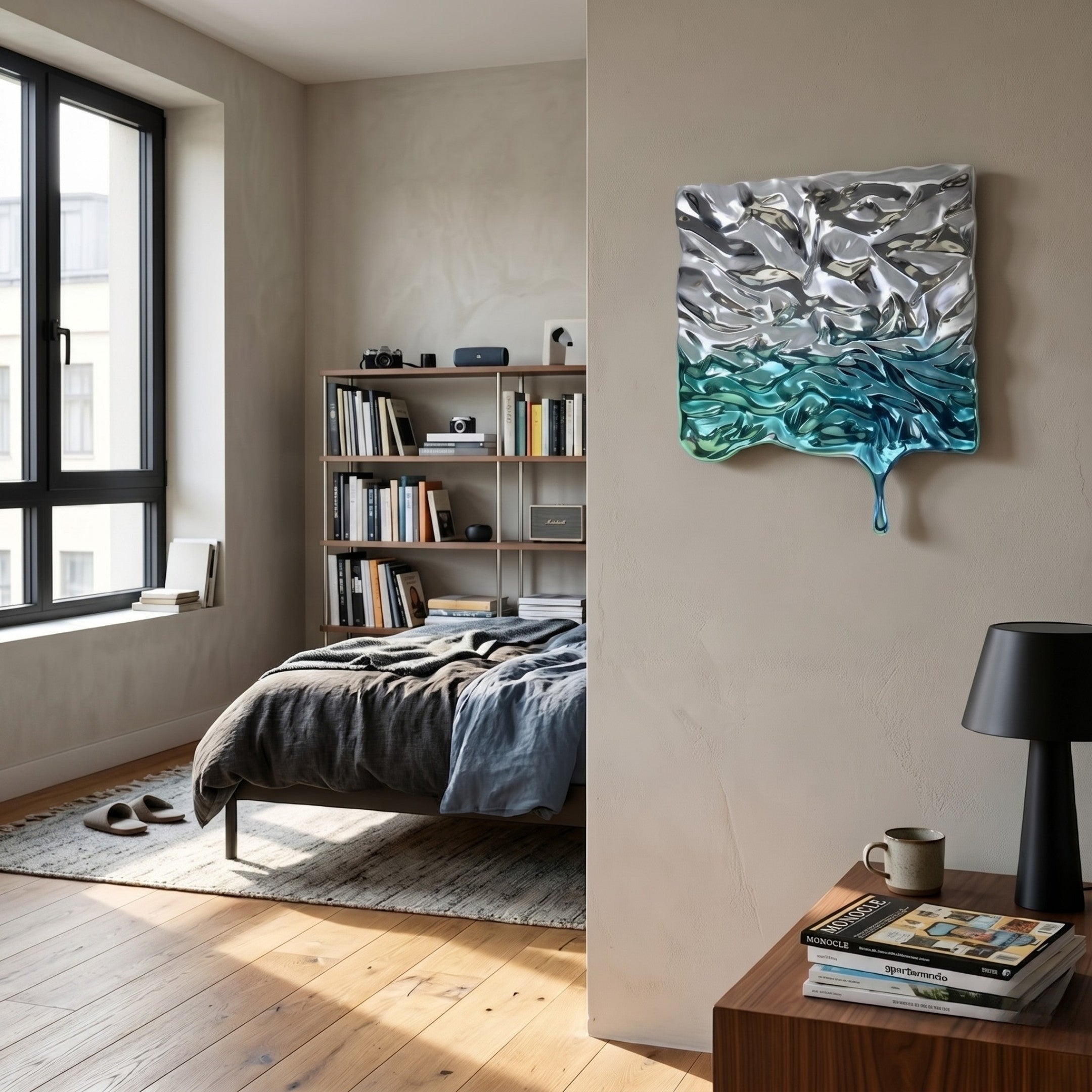 A modern, minimalist bedroom with light walls, a large window, bookshelves, and a neatly made bed features Giant Sculptures' Lumineris Silver-Aqua Gradient Melt Metal 3D Wall Art above the bed for an abstract touch.