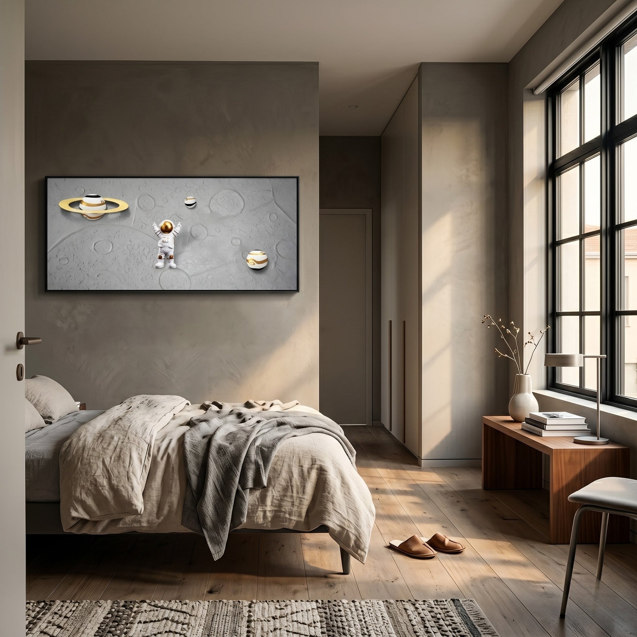 A cozy modern bedroom in neutral tones features a neatly made bed, wooden bench, slippers, and the Astravera Saturn Loop Gold Ring Planet Astronaut 3D Wall Art by Giant Sculptures—ideal for fans of planetary-themed decor.