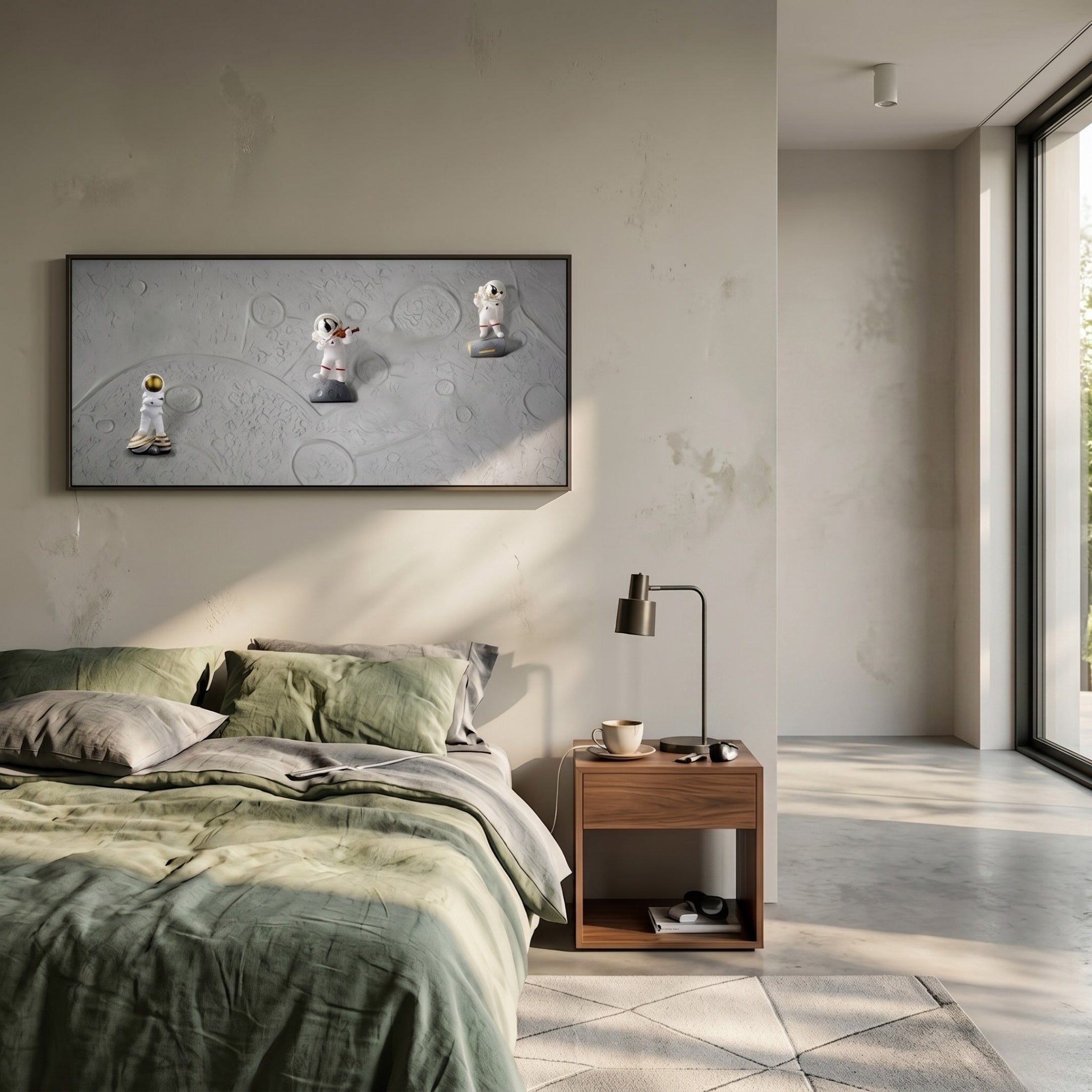 A modern bedroom with green bedding, a wooden nightstand, and a large window. Above the bed hangs the Astravera Cosmic Trio Grey Textured Astronaut 3D Wall Art by Giant Sculptures—playful decor perfect for a children's room.