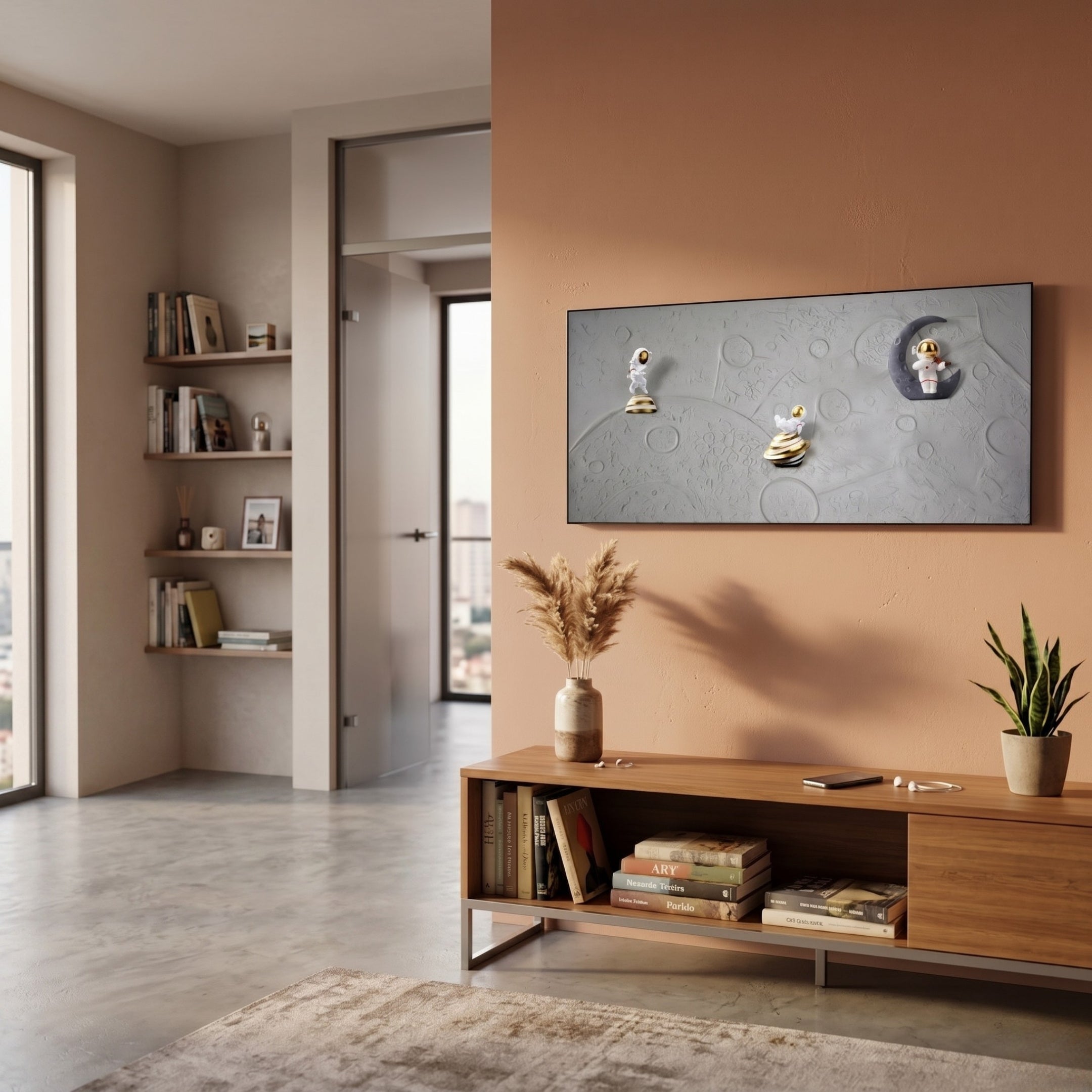 Astravera Moon Patrol Gold Accents Astronaut 3D Wall Art by Giant Sculptures mounted on a terracotta wall above a wooden console with pampas grass and plant.
