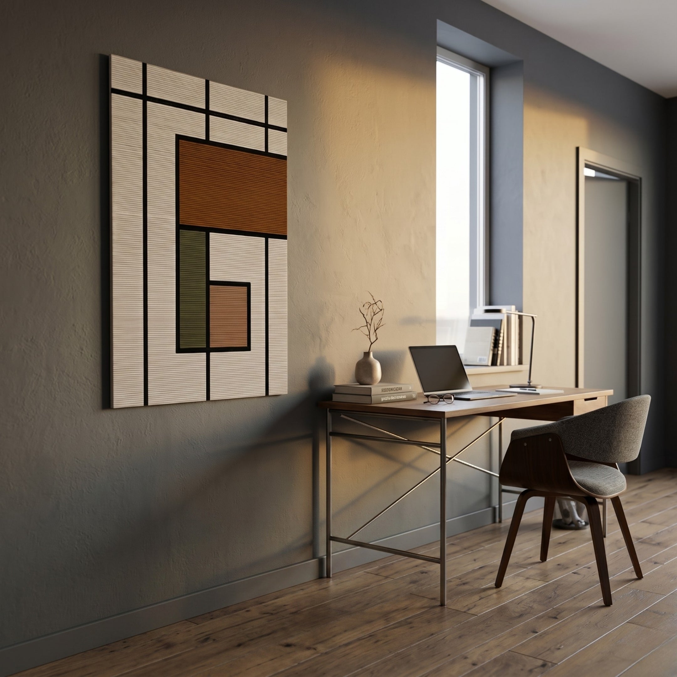 A modern home office with a wooden desk, laptop, books, and chair. Sunlight streams in, illuminating the minimalist space and highlighting the Gridoria Cocoa Brown & Olive Linear Block Woven Wall Art by Giant Sculptures on the wall.