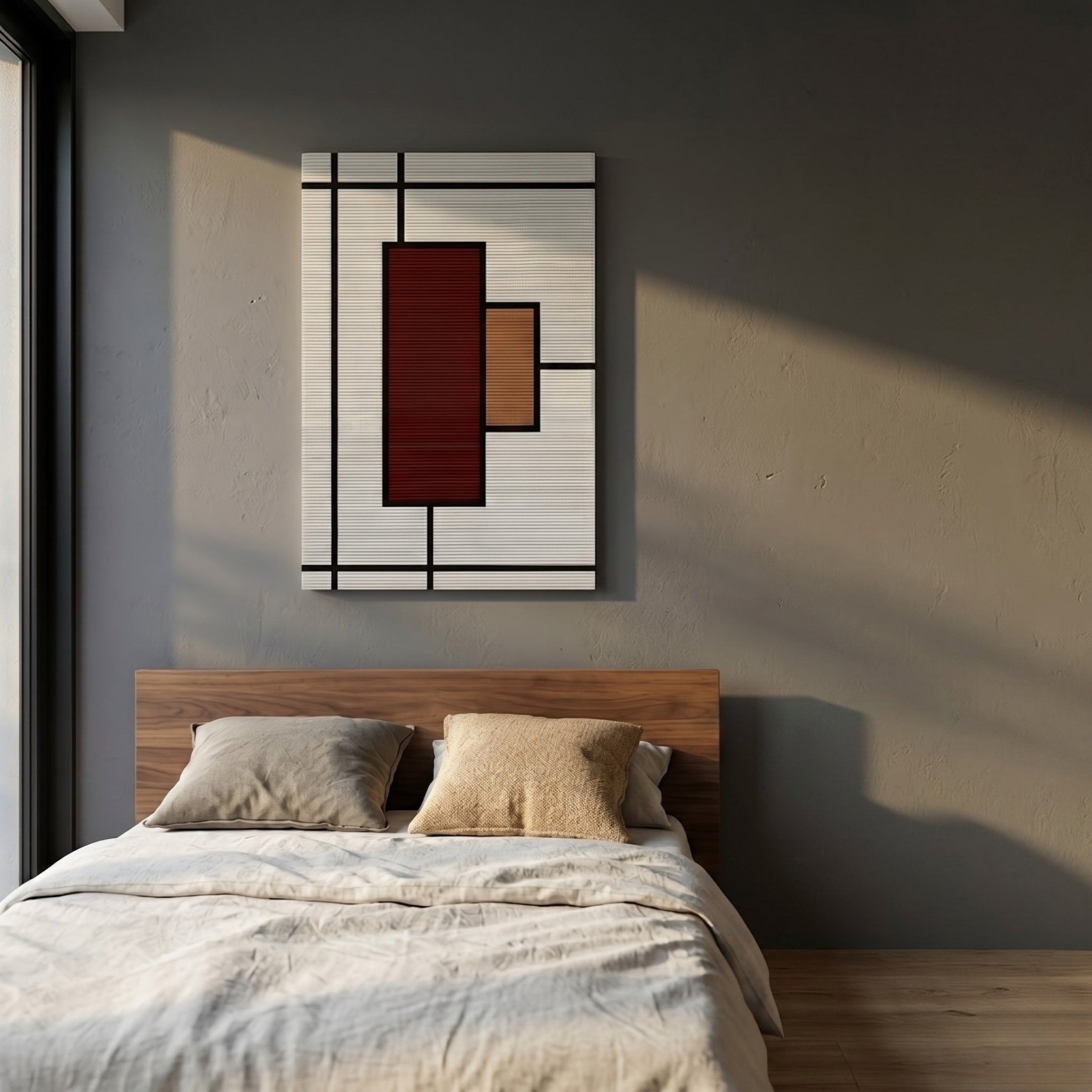 Minimalist bedroom with a wooden bed, neutral bedding, and the Gridoria Deep Red & Sand Linear Block Woven Wall Art by Giant Sculptures on a gray wall. Sunlight from a large window casts soft shadows across the room.