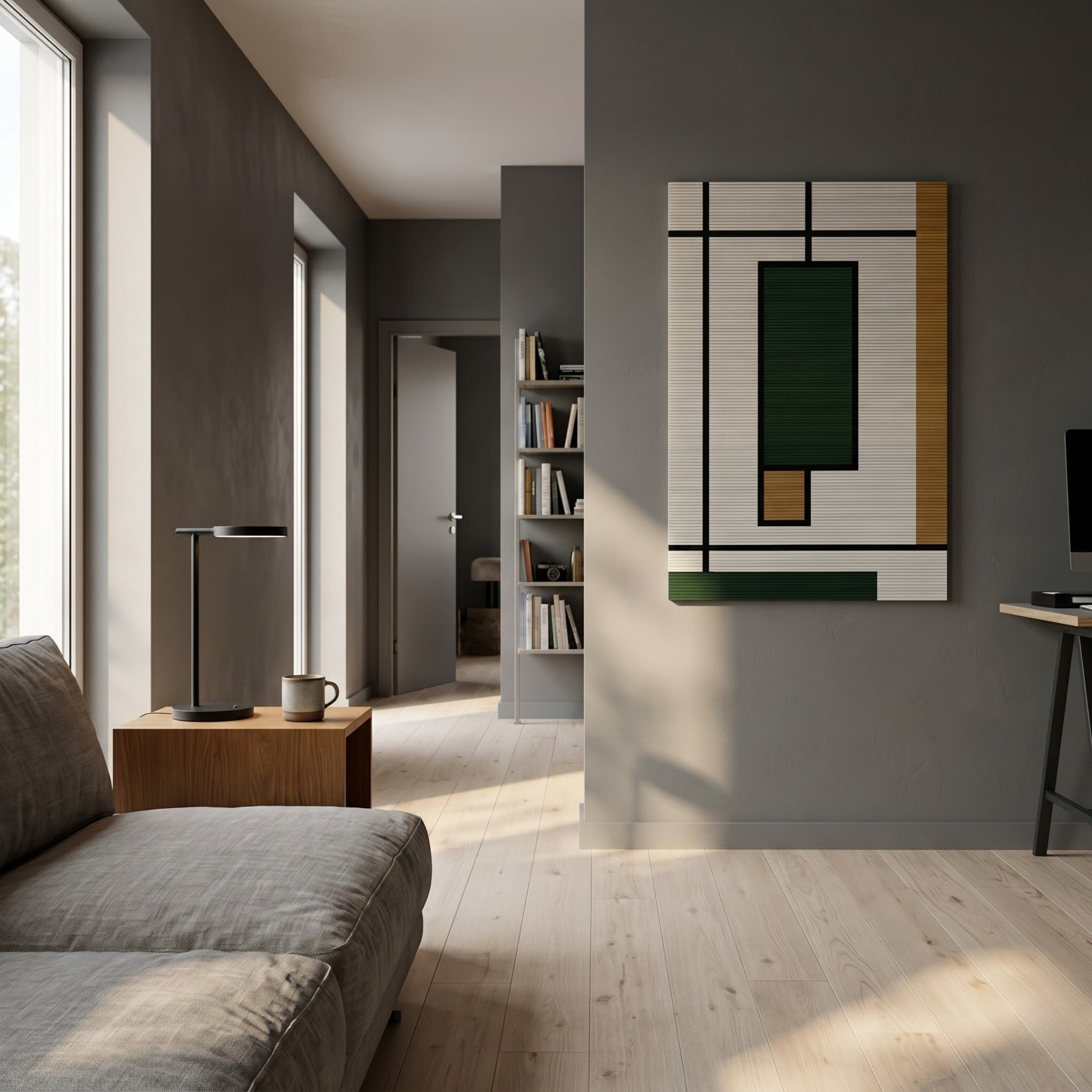 A modern living room with grey walls, light wood flooring, a gray sofa, a wooden side table with a black lamp, bookshelf, and Giant Sculptures’ Gridoria Forest Green & Ochre Linear Block Woven Wall Art enhances the contemporary vibe.