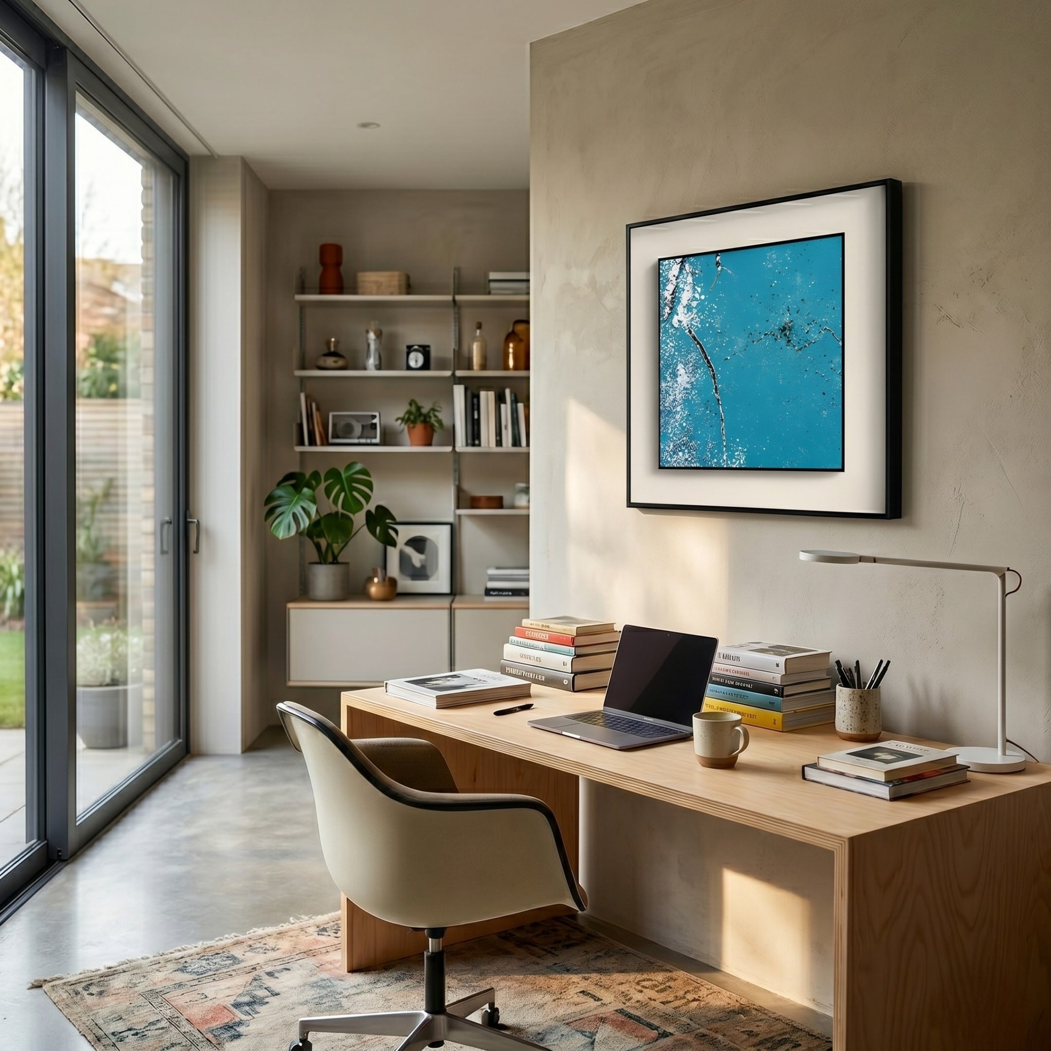 A modern home office with a wooden desk, laptop, books, and lamp. Large windows brighten the space. Shelves line the back wall, while Giant Sculptures' Trevasse Aqua Blue Textured Abstract Framed Wall Art hangs above the stylish chair.